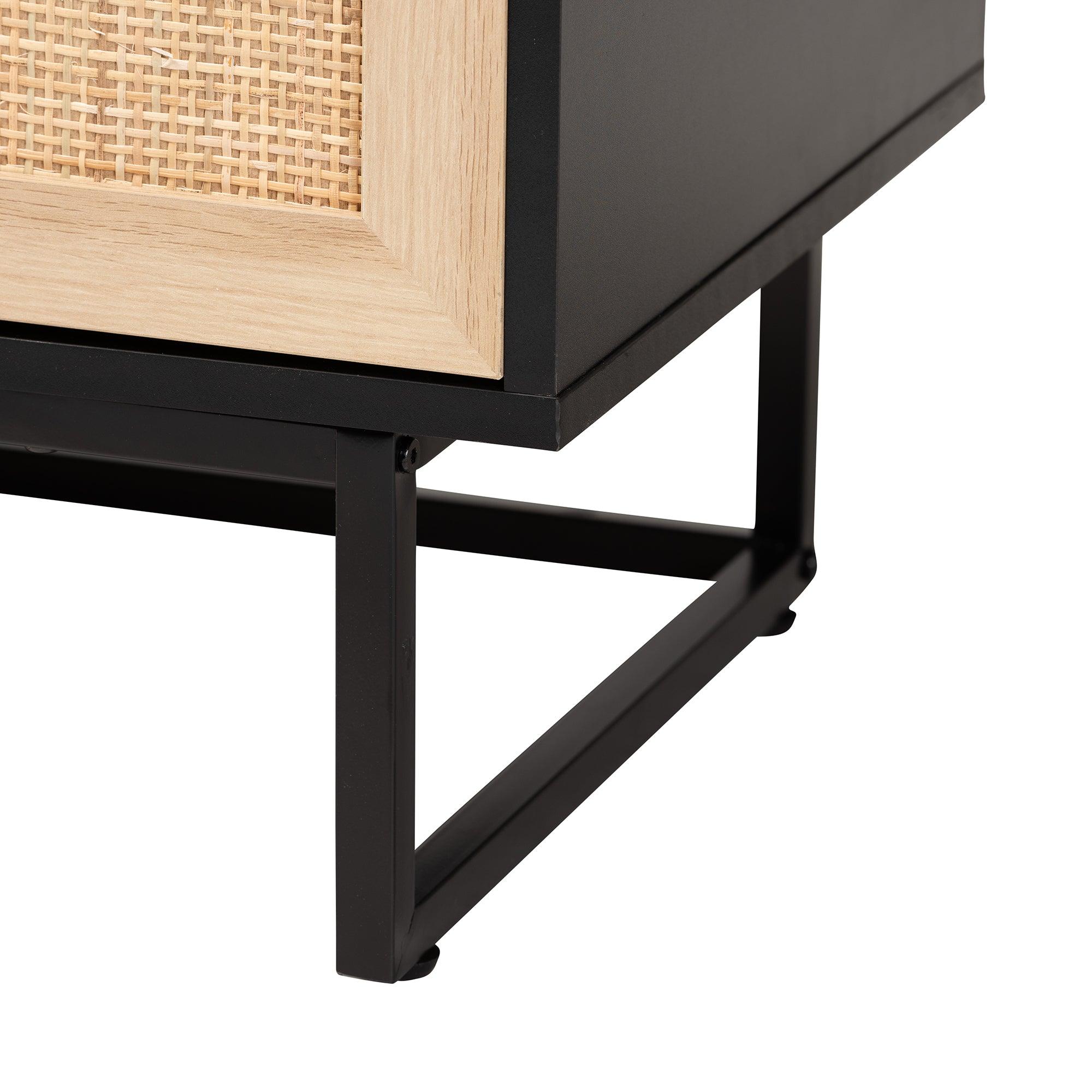 Declan Mid-Century Modern Espresso Finished Wood and Rattan 2-Door Storage Cabinet