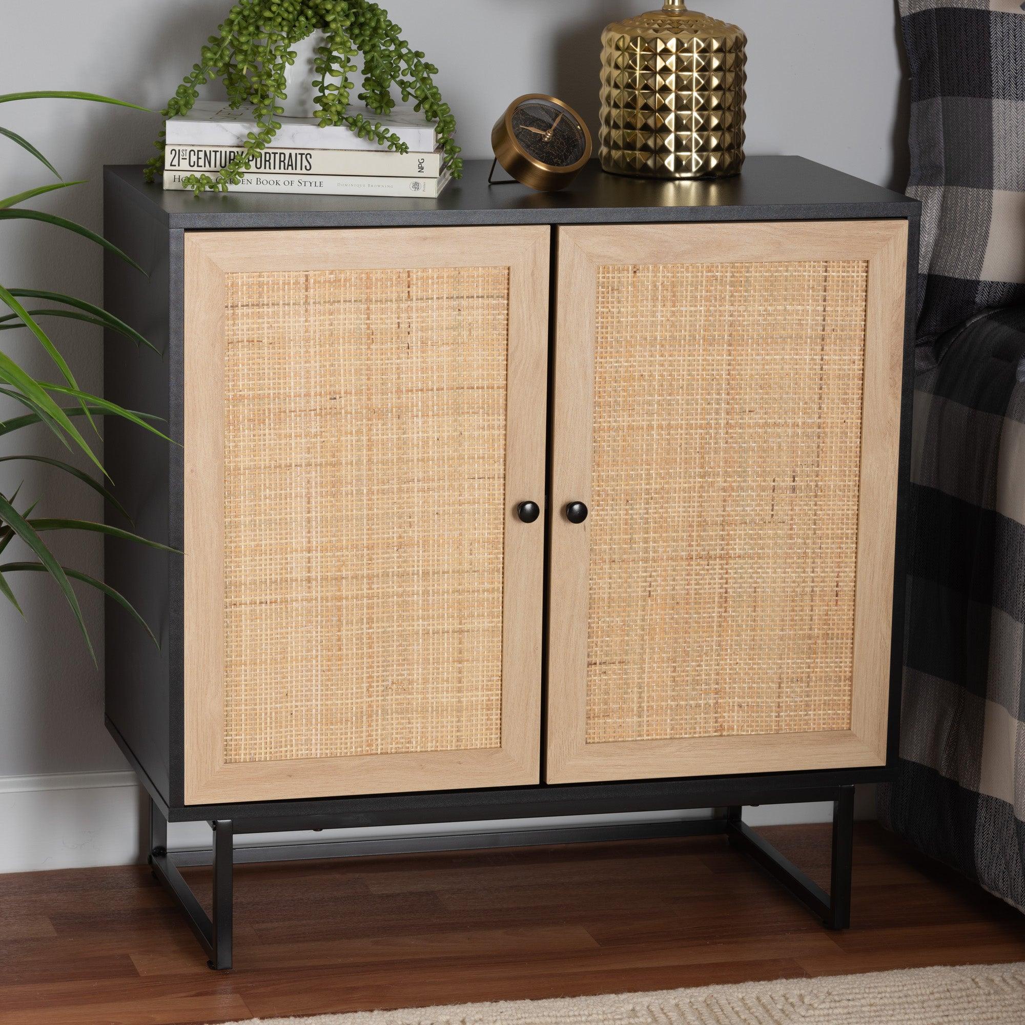 Declan Mid-Century Modern Espresso Finished Wood and Rattan 2-Door Storage Cabinet