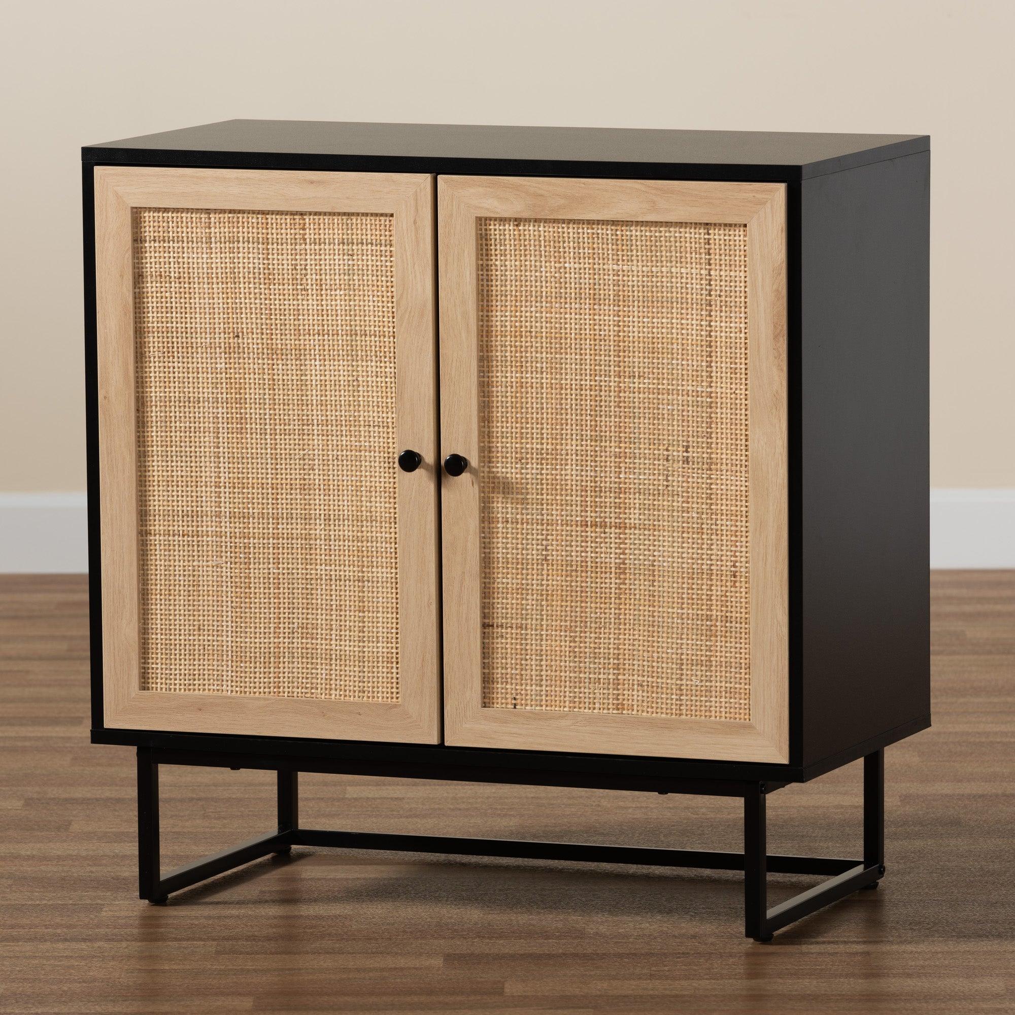 Declan Mid-Century Modern Espresso Finished Wood and Rattan 2-Door Storage Cabinet