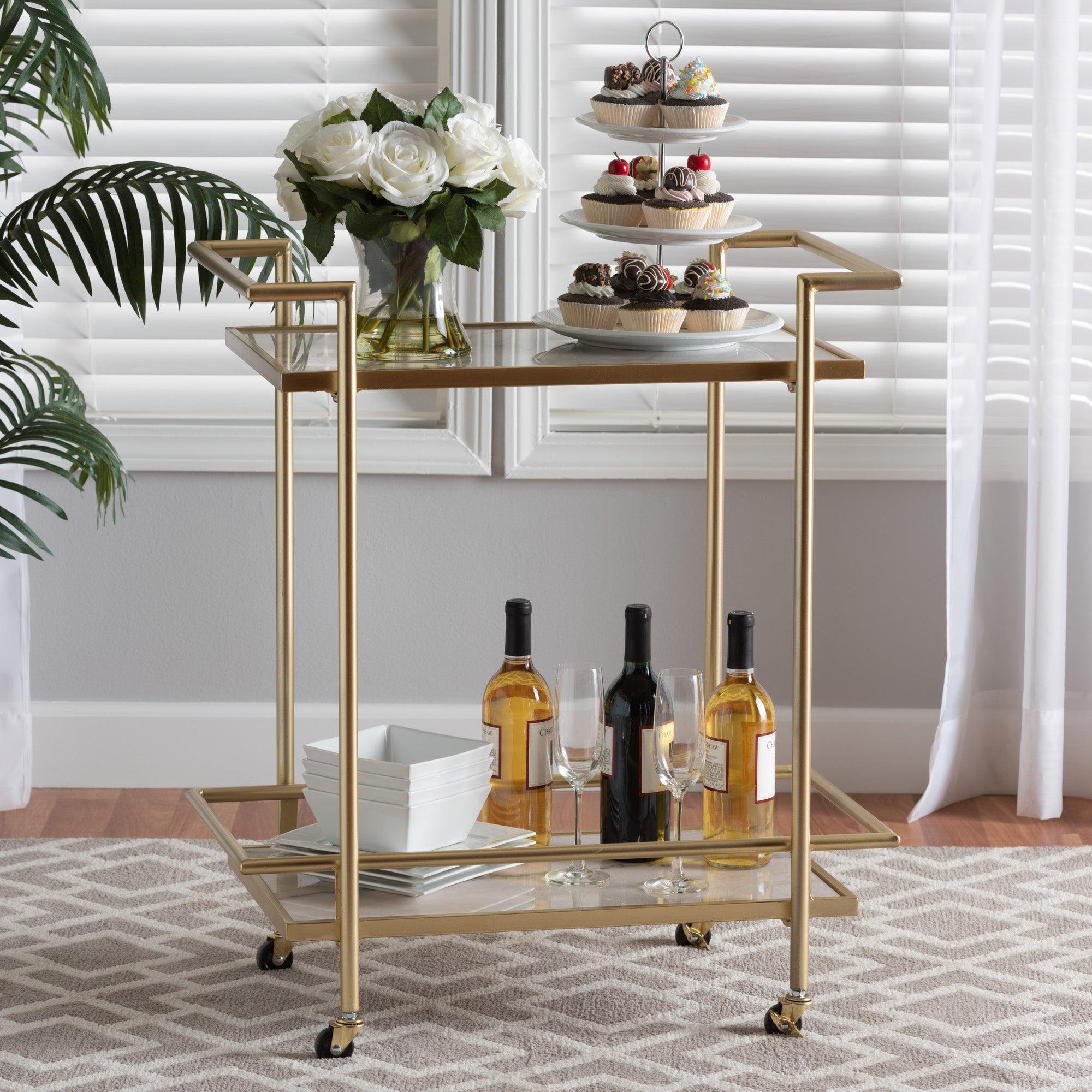 Louise Contemporary Glam and Luxe Metal and Marble 2-Tier Wine Cart