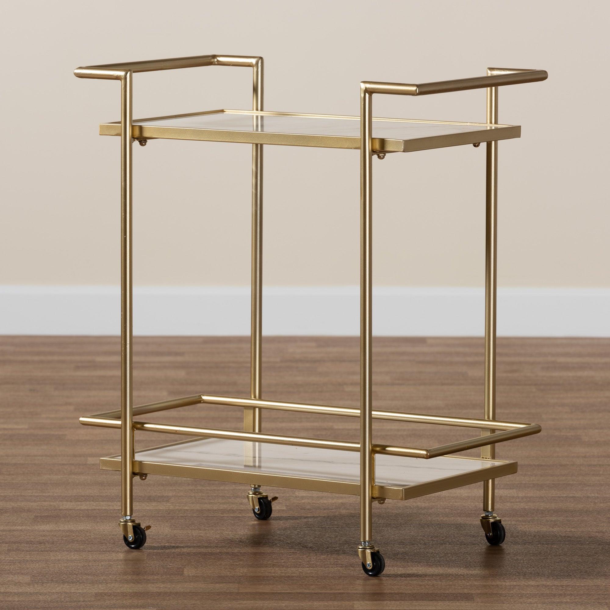 Louise Contemporary Glam and Luxe Metal and Marble 2-Tier Wine Cart