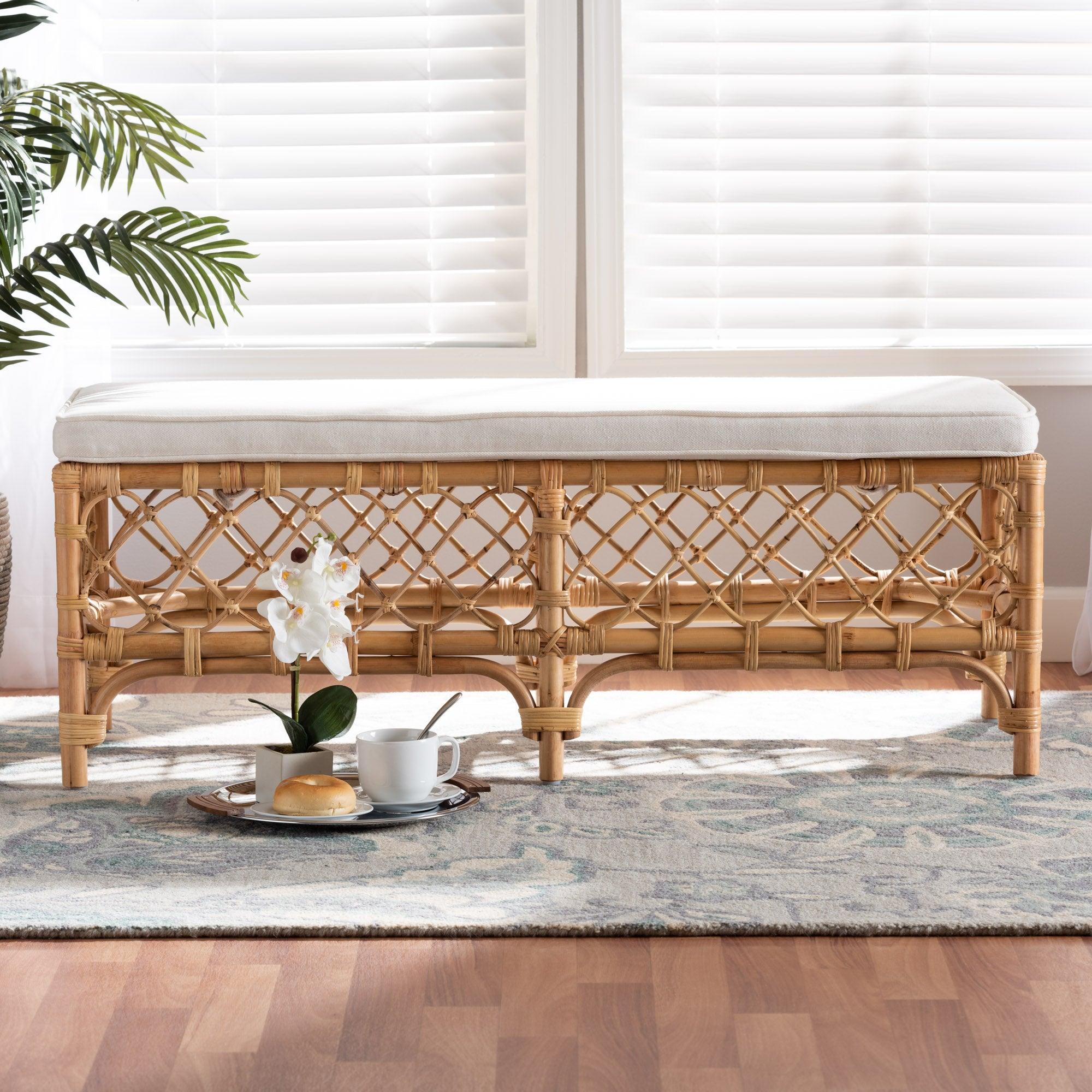 bali & pari Orchard Modern Bohemian Fabric Upholstered and Rattan Bench