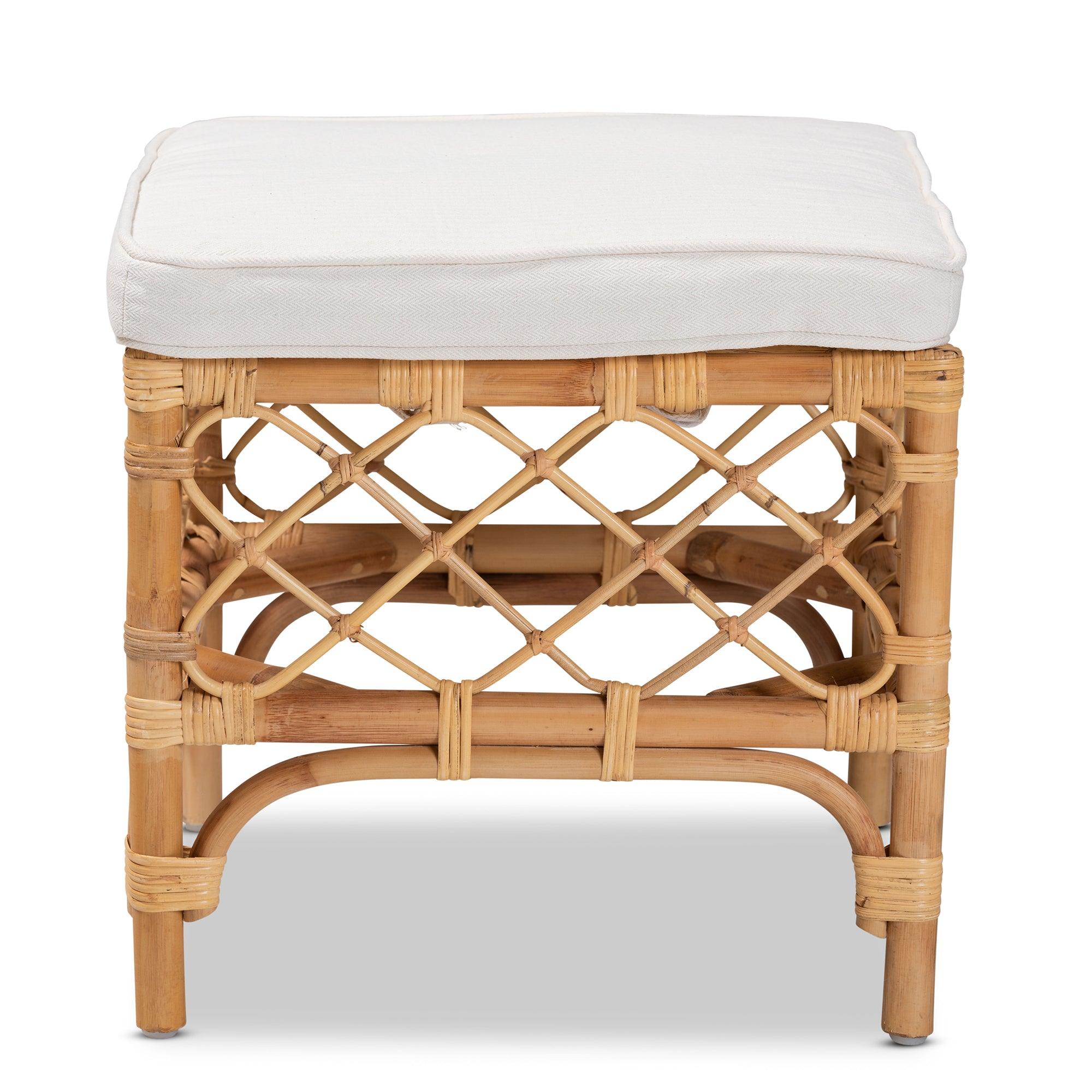 bali & pari Orchard Modern Bohemian Fabric Upholstered and Rattan Ottoman