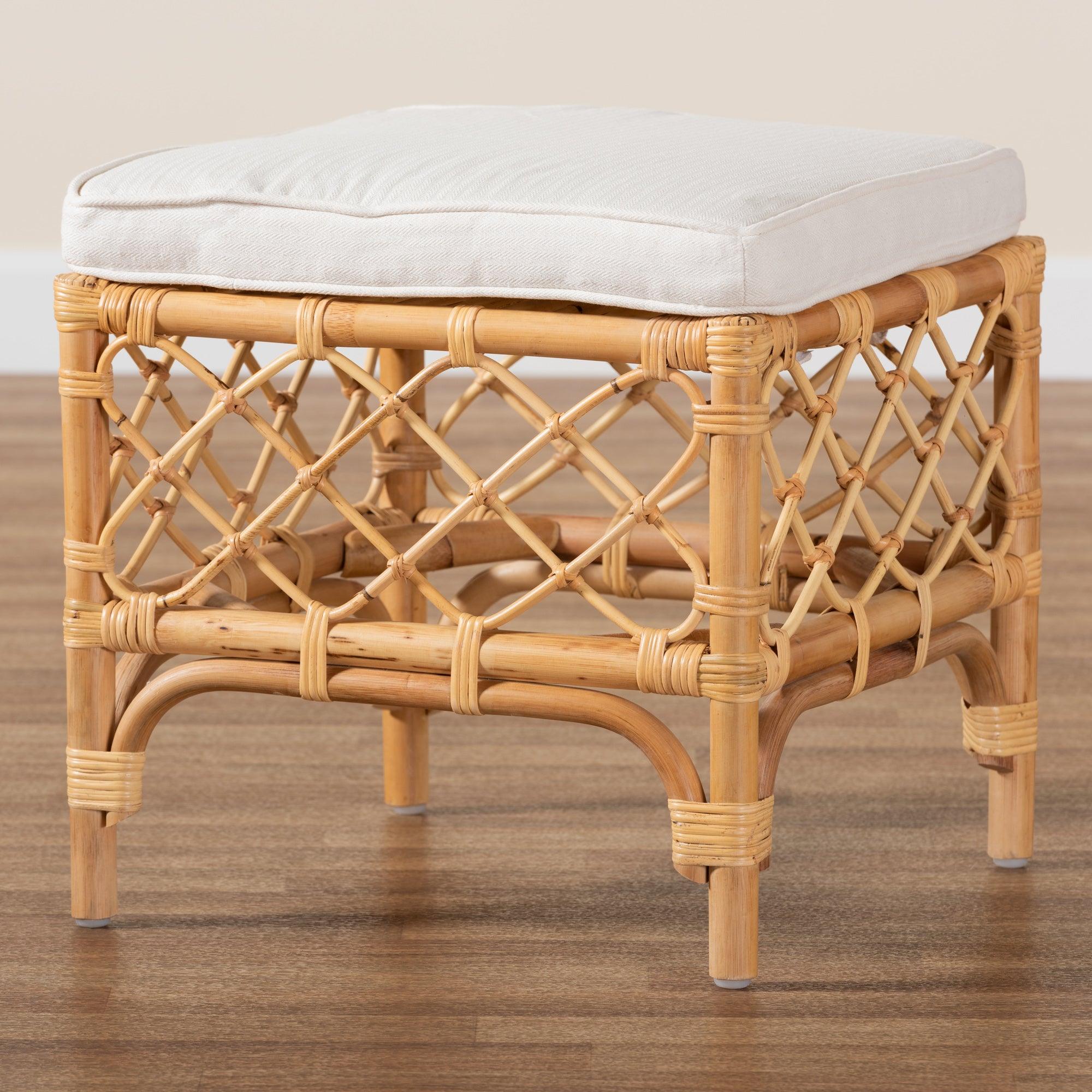 bali & pari Orchard Modern Bohemian Fabric Upholstered and Rattan Ottoman