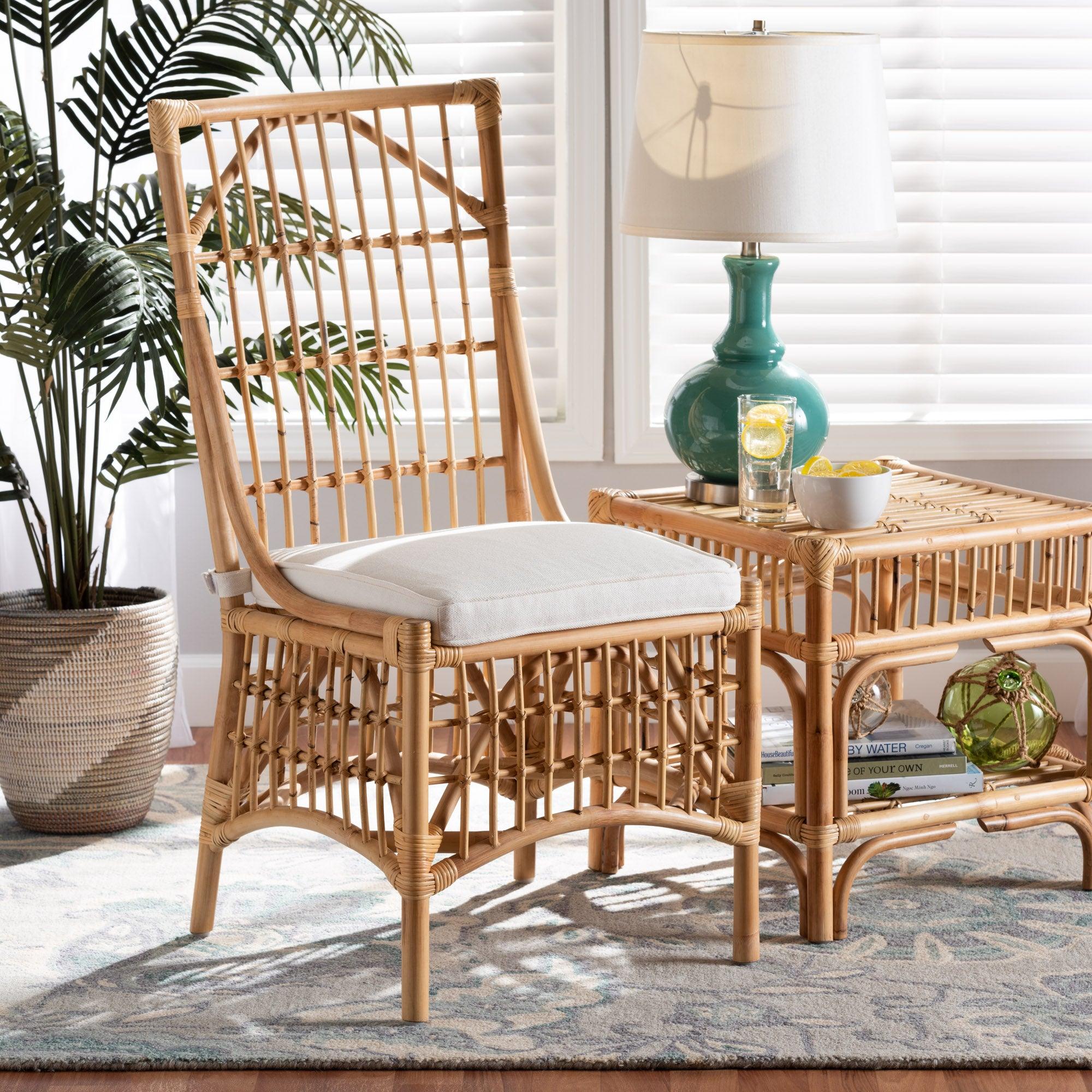 bali & pari Rose Modern Bohemian Fabric Upholstered and Rattan Dining Chair