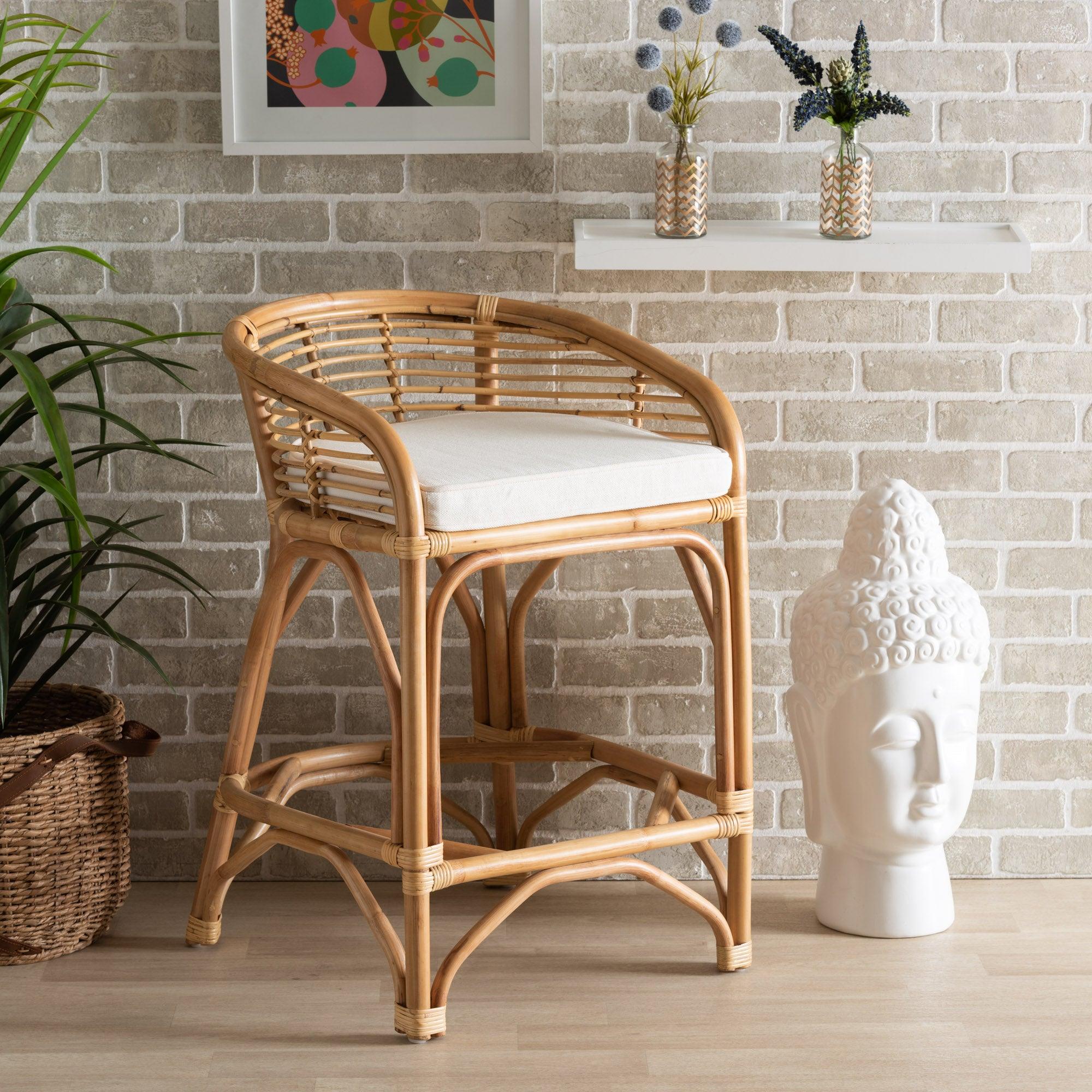 bali & pari Maverick Modern Bohemian Fabric Upholstered and Rattan Counter Stool