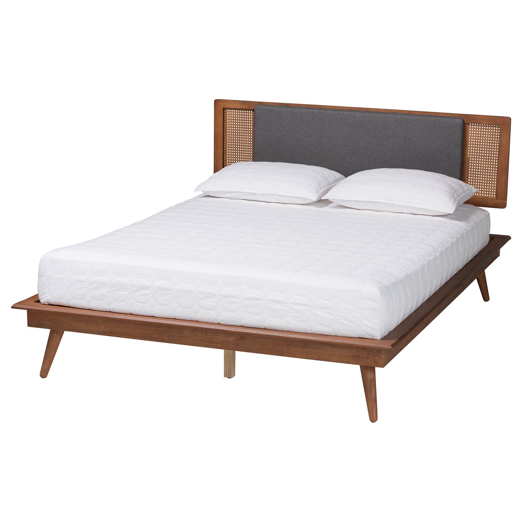 Delfina Mid-Century Modern Dark Fabric and Finished Wood Platform Bed