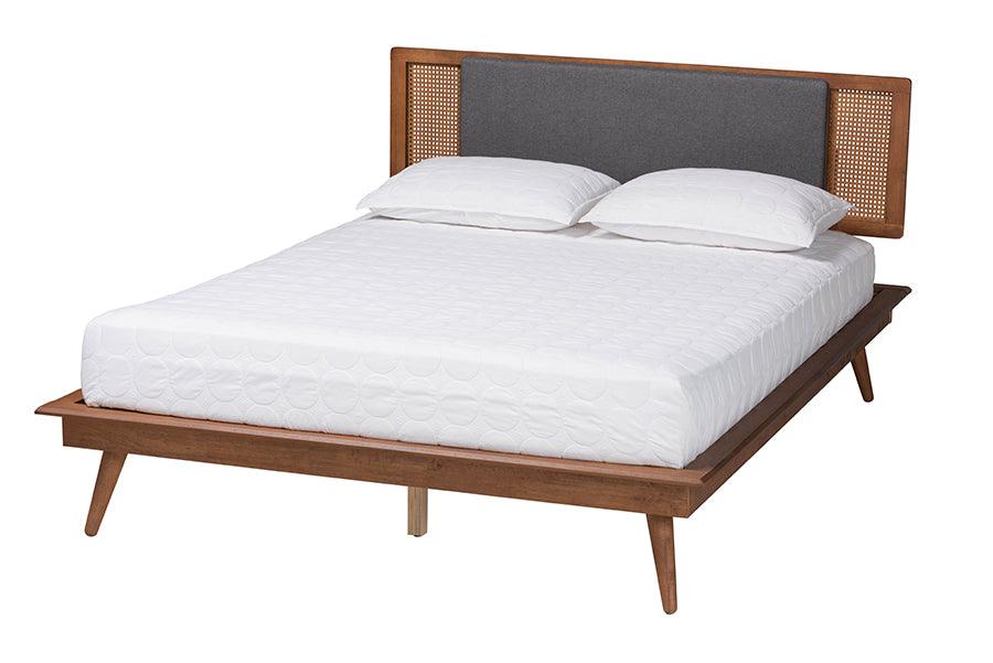 Delfina Mid-Century Modern Dark Fabric and Finished Wood Platform Bed