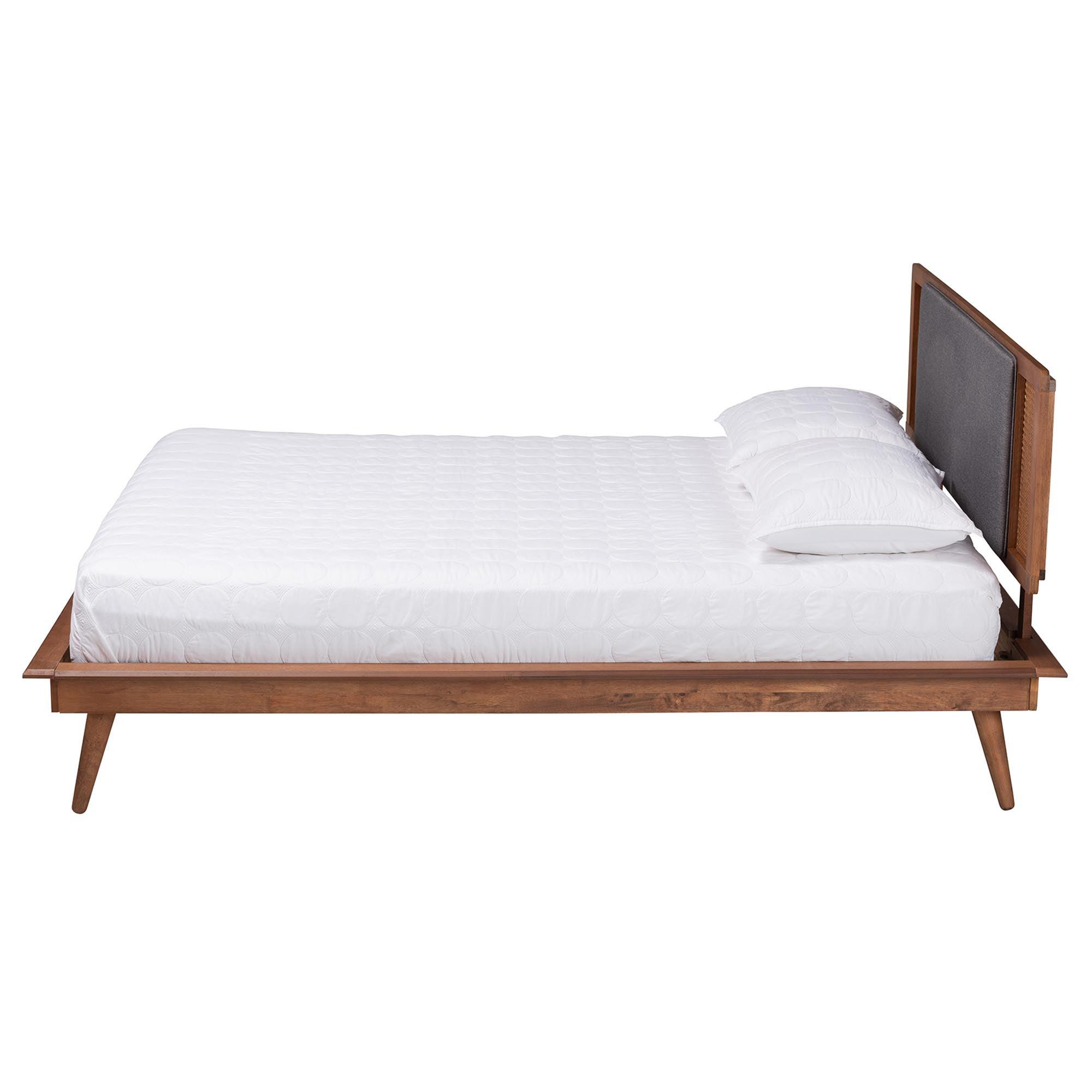 Delfina Mid-Century Modern Dark Fabric and Finished Wood Platform Bed