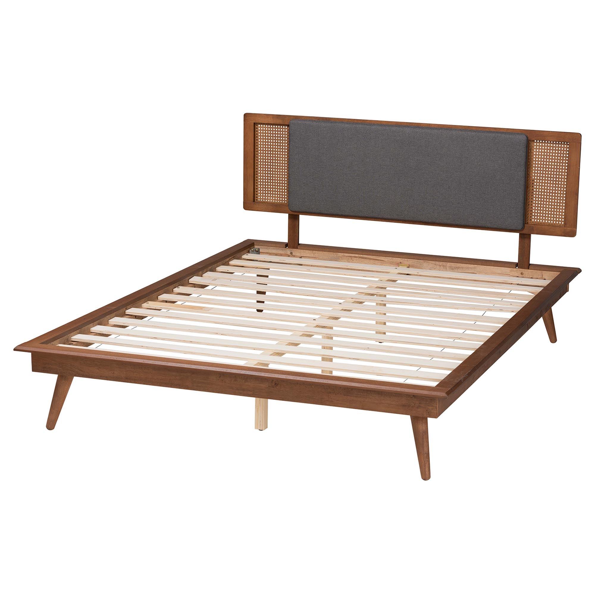 Delfina Mid-Century Modern Dark Fabric and Finished Wood Platform Bed