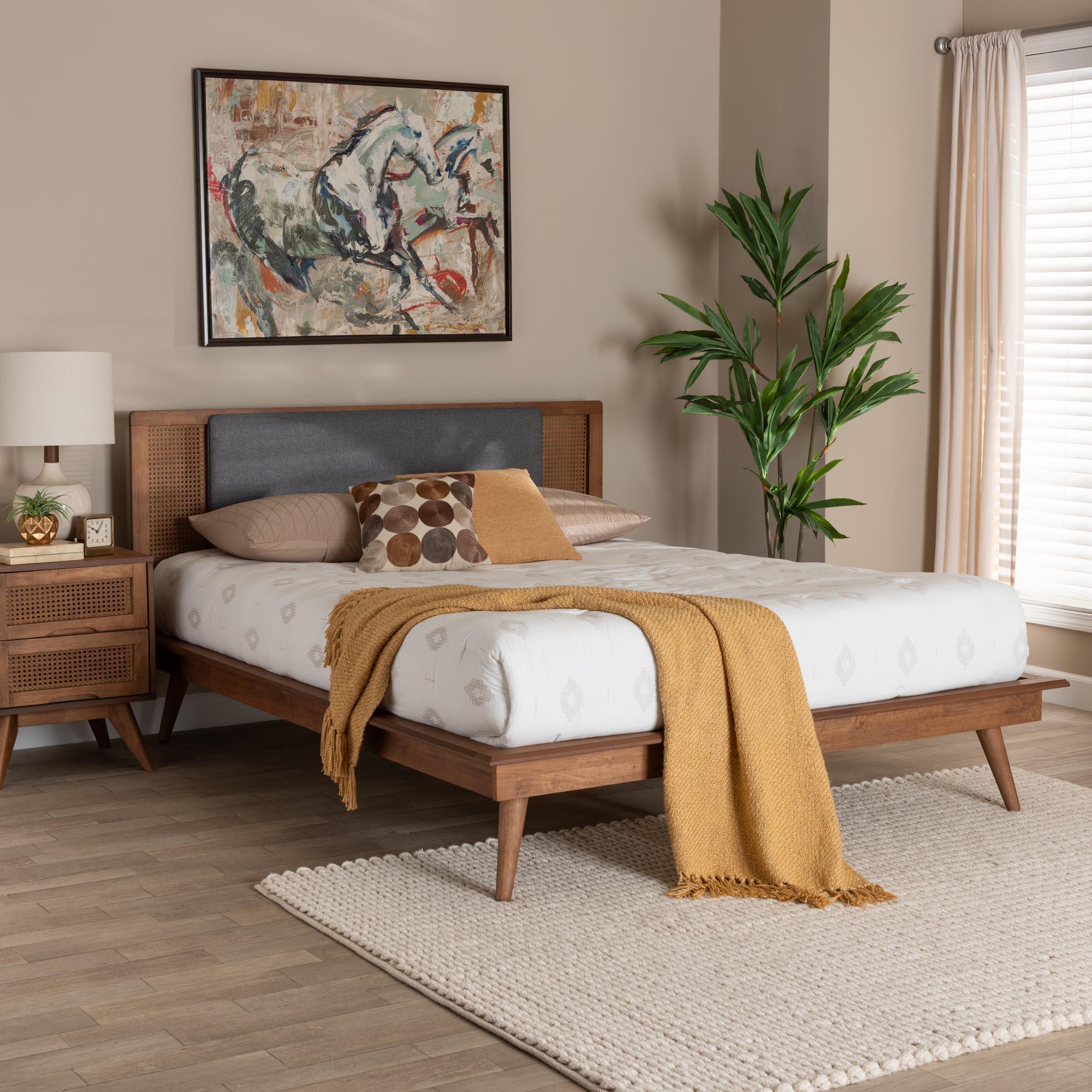 Delfina Mid-Century Modern Dark Fabric and Finished Wood Platform Bed