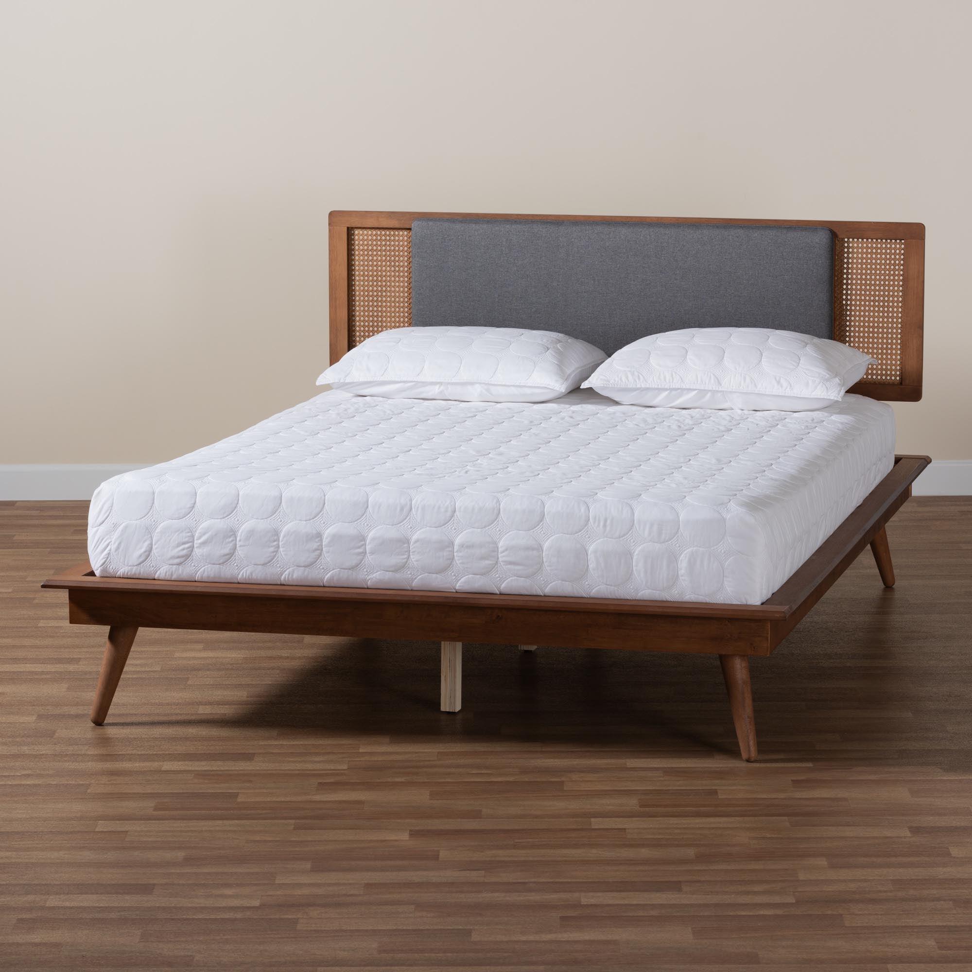 Delfina Mid-Century Modern Dark Fabric and Finished Wood Platform Bed