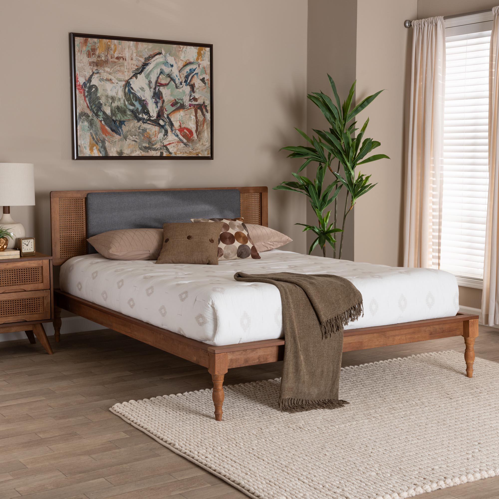 Eliseo Mid-Century Modern Dark Fabric and Finished Wood Platform Bed