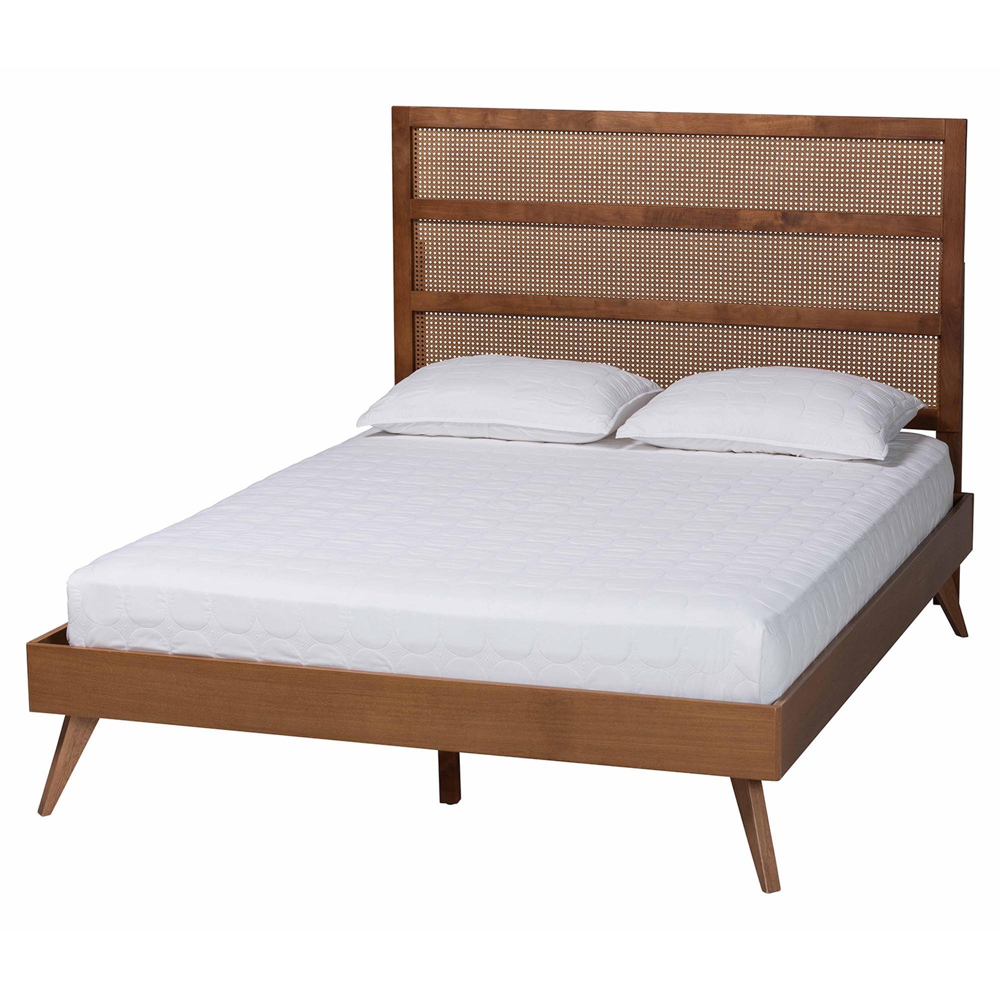 Fuller Mid-Century Finished Wood Platform Bed with Woven Rattan