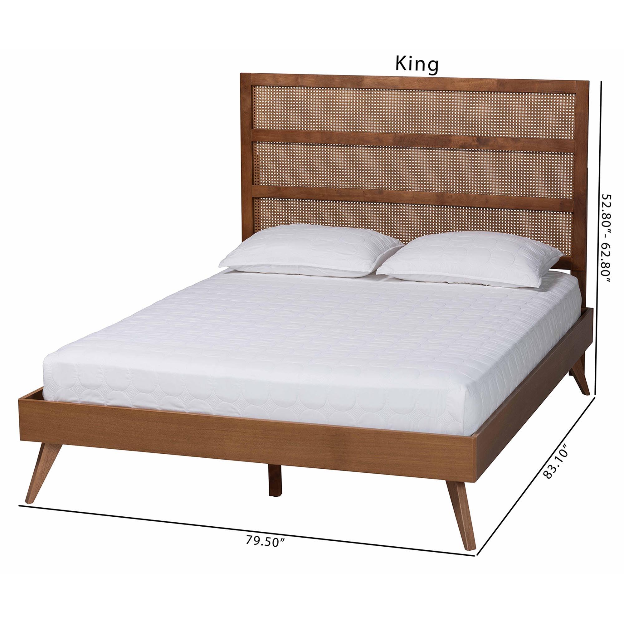 Fuller Mid-Century Finished Wood Platform Bed with Woven Rattan