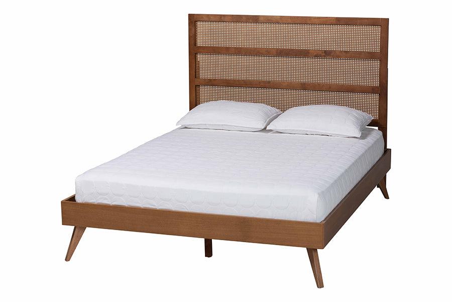 Fuller Mid-Century Finished Wood Platform Bed with Woven Rattan