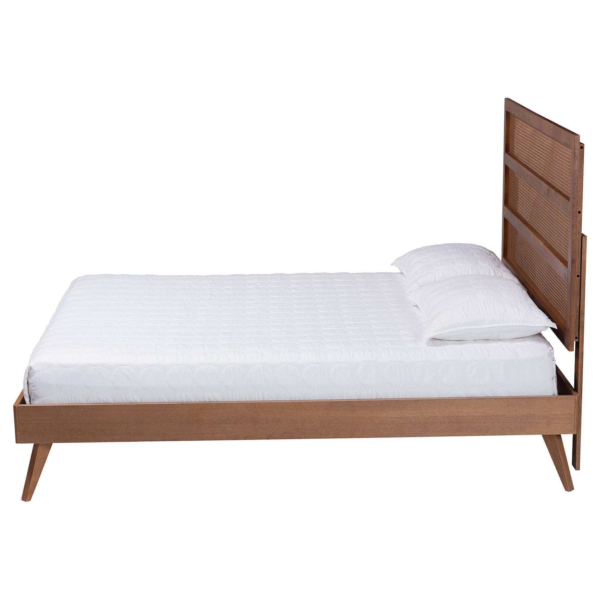 Fuller Mid-Century Finished Wood Platform Bed with Woven Rattan