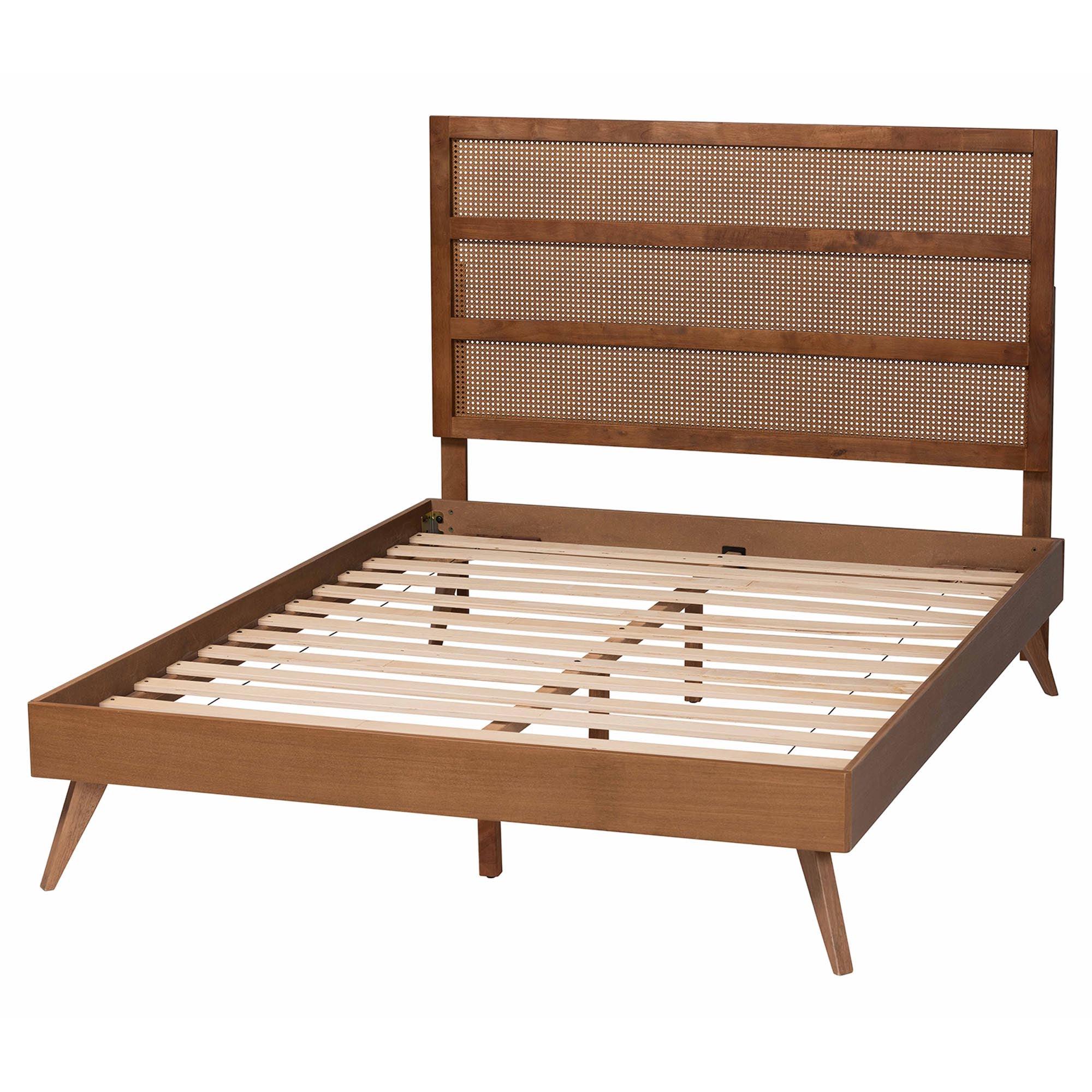 Fuller Mid-Century Finished Wood Platform Bed with Woven Rattan