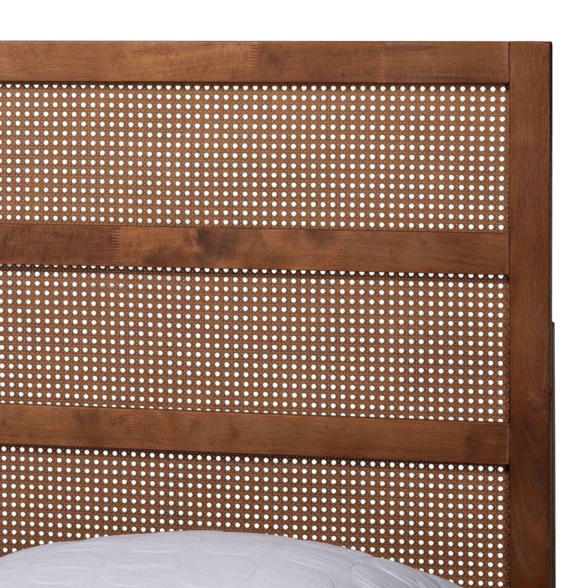 Fuller Mid-Century Finished Wood Platform Bed with Woven Rattan