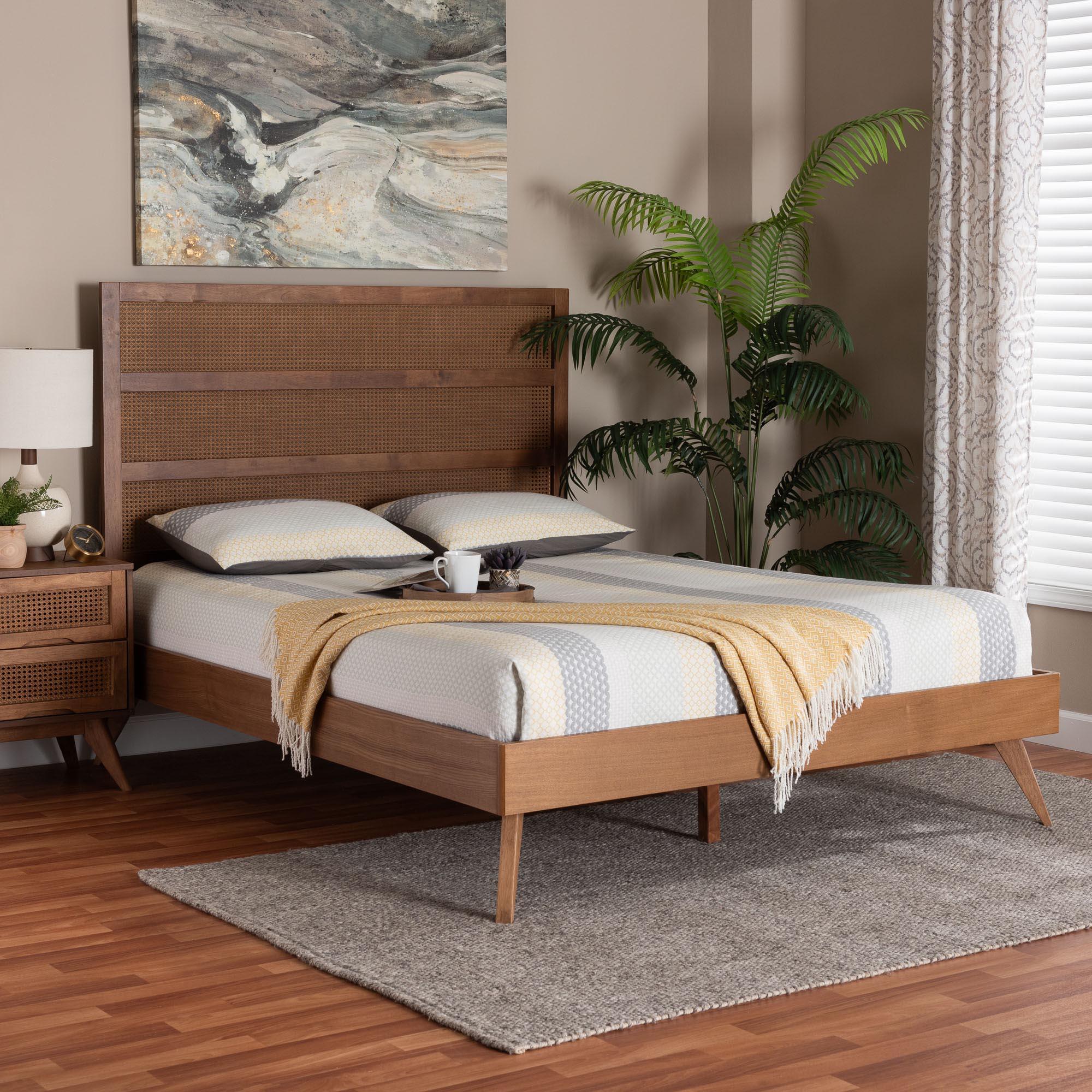 Fuller Mid-Century Finished Wood Platform Bed with Woven Rattan