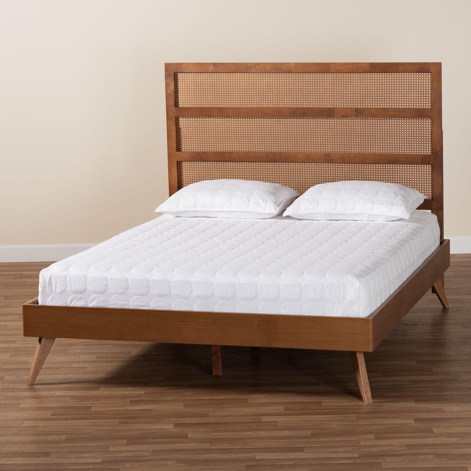 Fuller Mid-Century Finished Wood Platform Bed with Woven Rattan