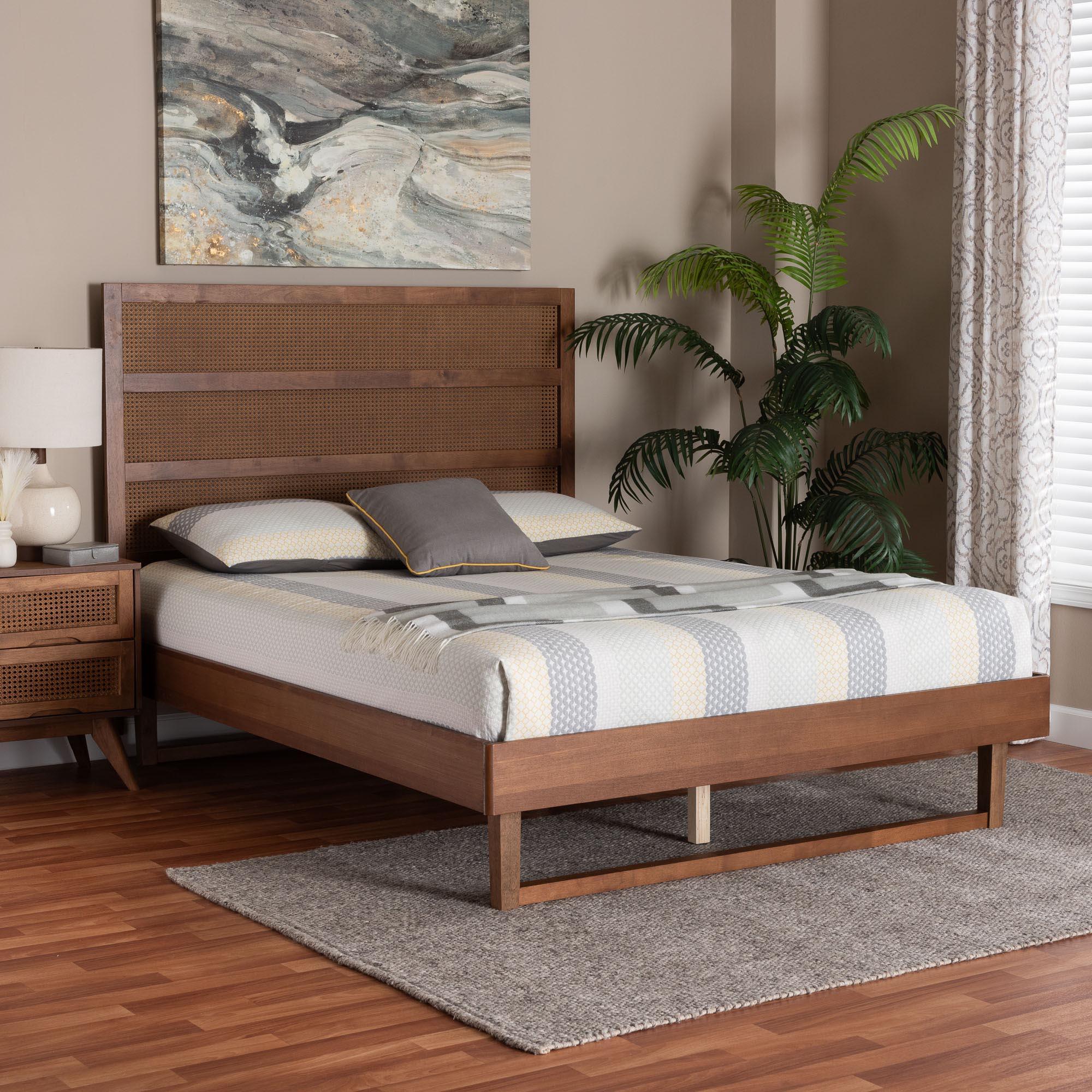 Donnica Mid-Century Finished Wood Platform Bed with Woven Rattan