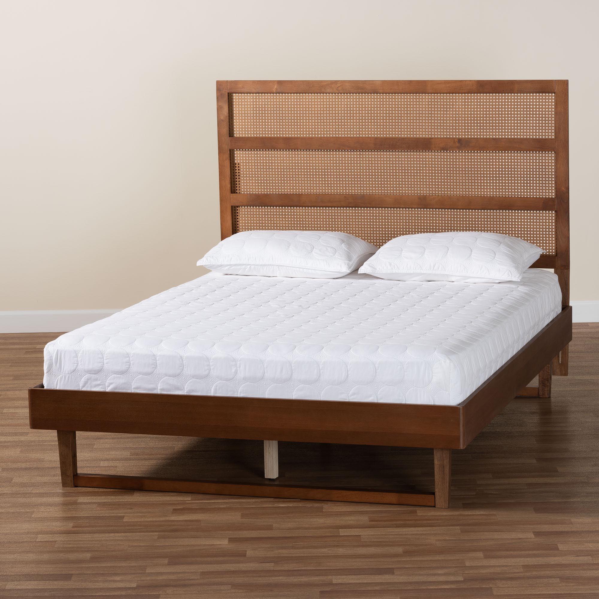 Donnica Mid-Century Finished Wood Platform Bed with Woven Rattan