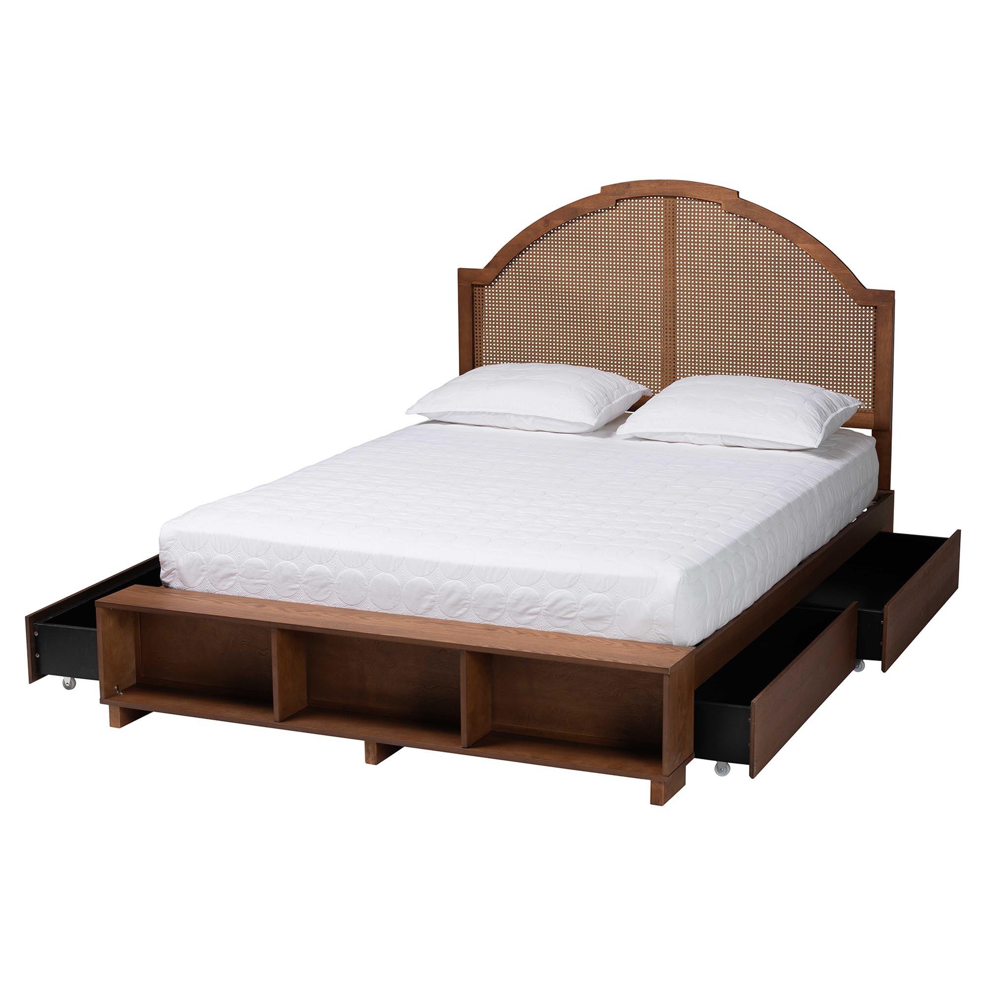 Darcila Mid-Century Wood and Rattan Storage Bed