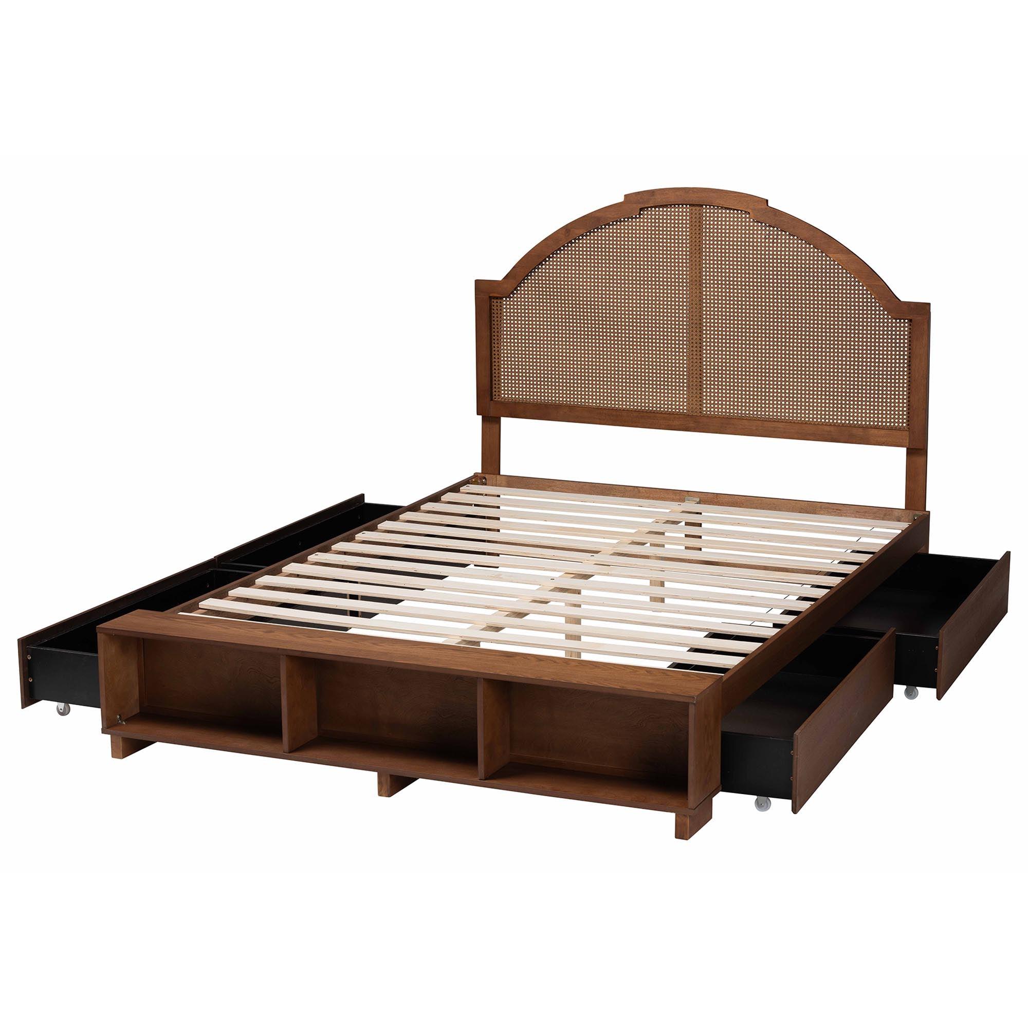 Darcila Mid-Century Wood and Rattan Storage Bed