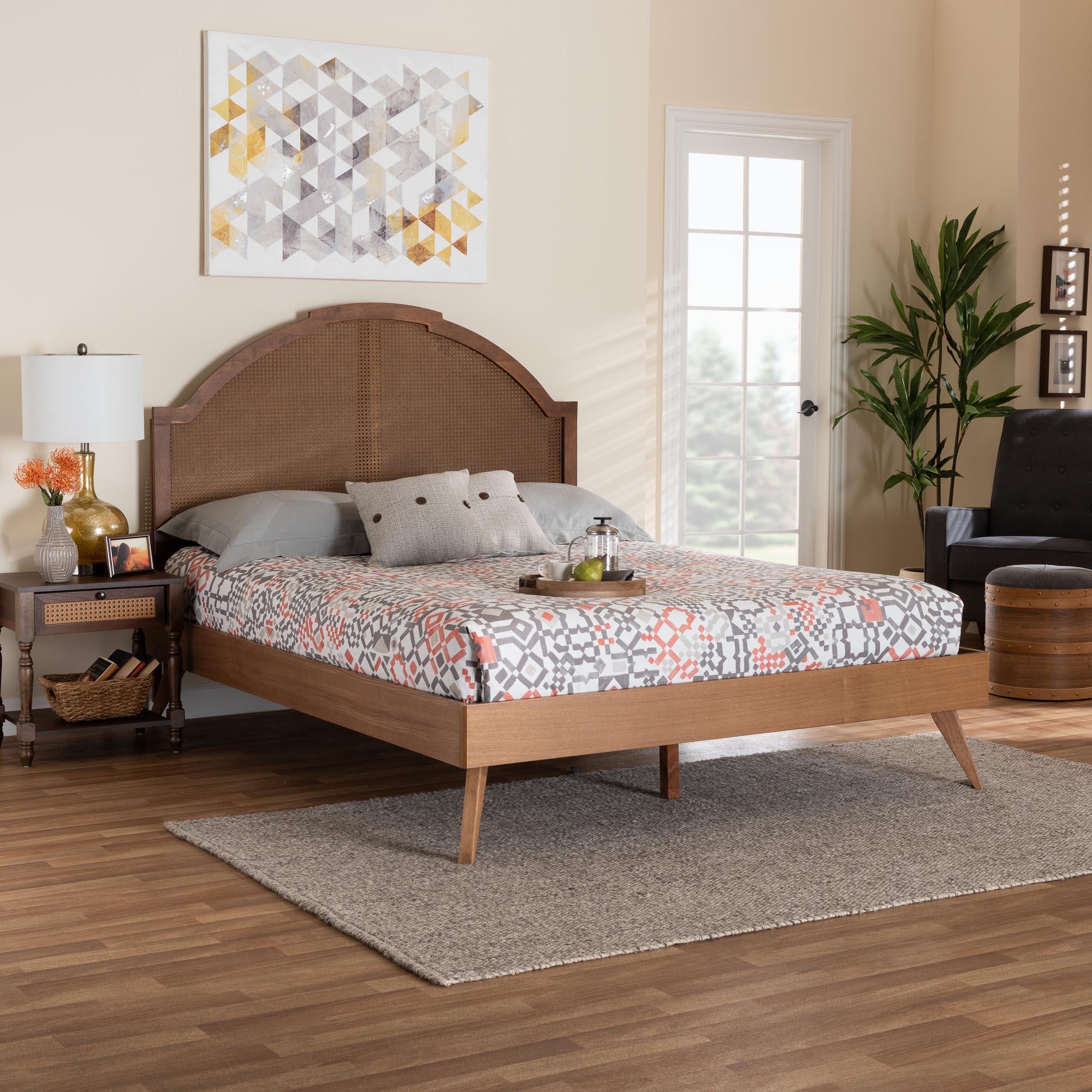 Ridgely Mid-Century Wood and Rattan Platform Bed