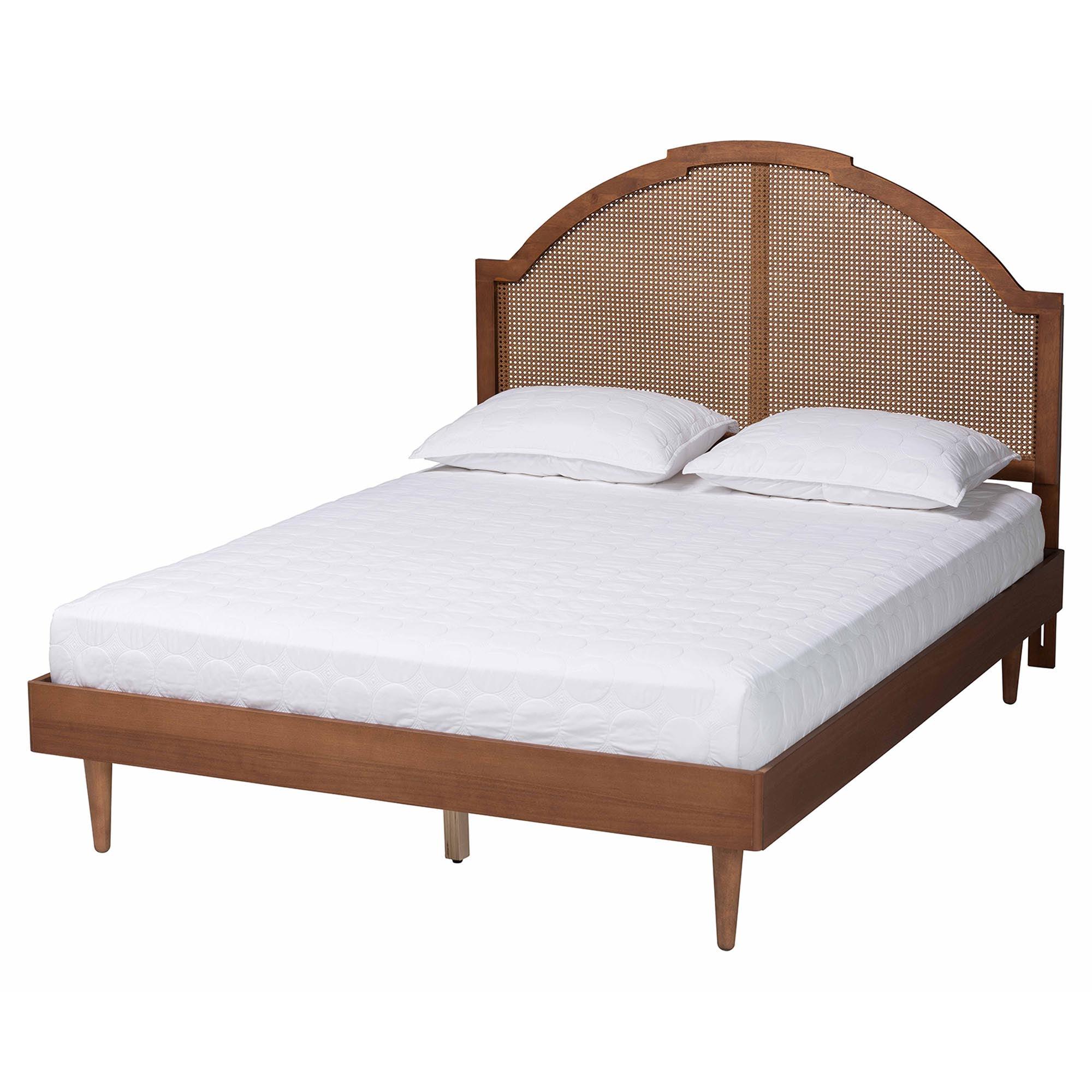 Mendel Mid-Century Wood and Rattan Platform Bed