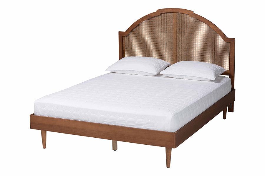 Mendel Mid-Century Wood and Rattan Platform Bed