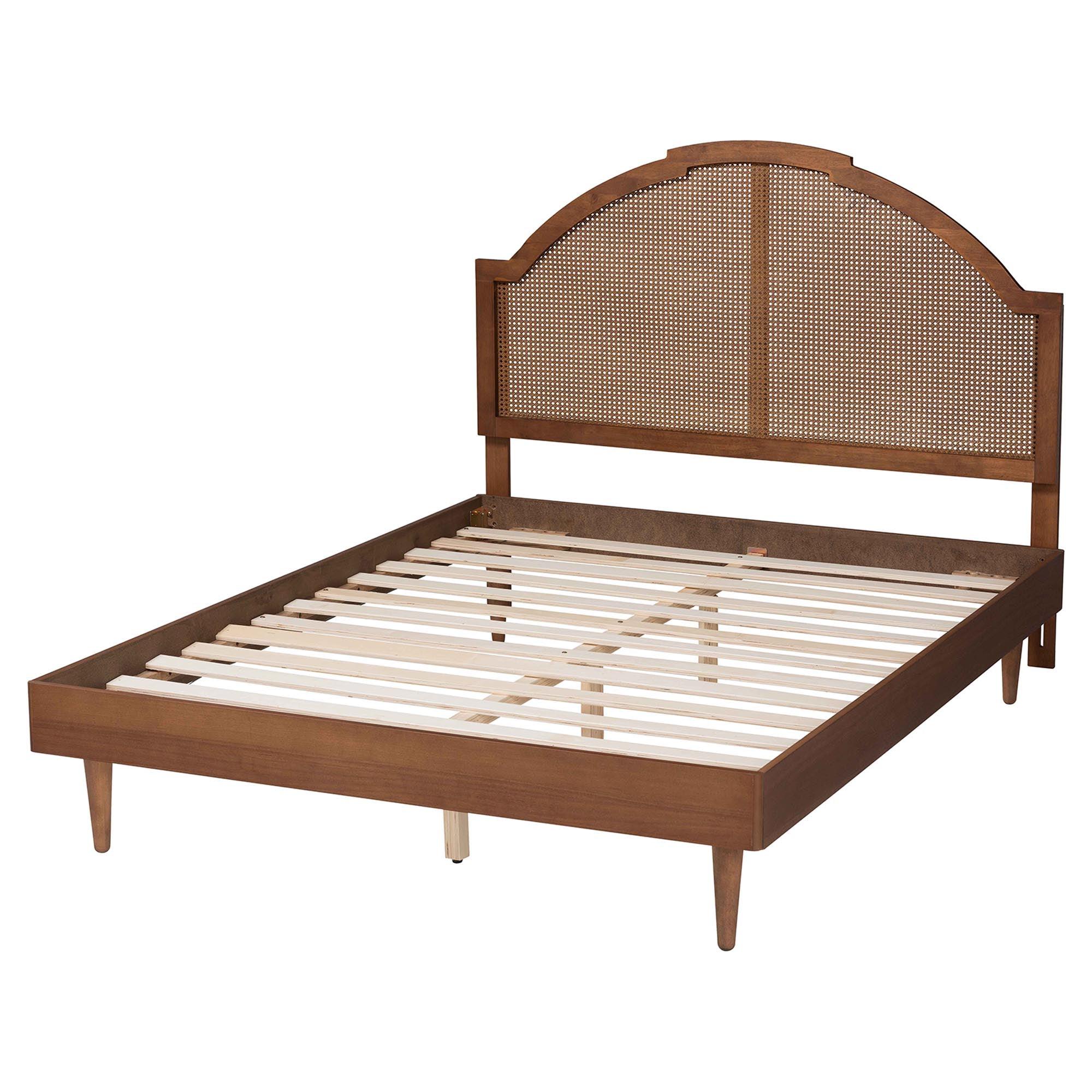 Mendel Mid-Century Wood and Rattan Platform Bed