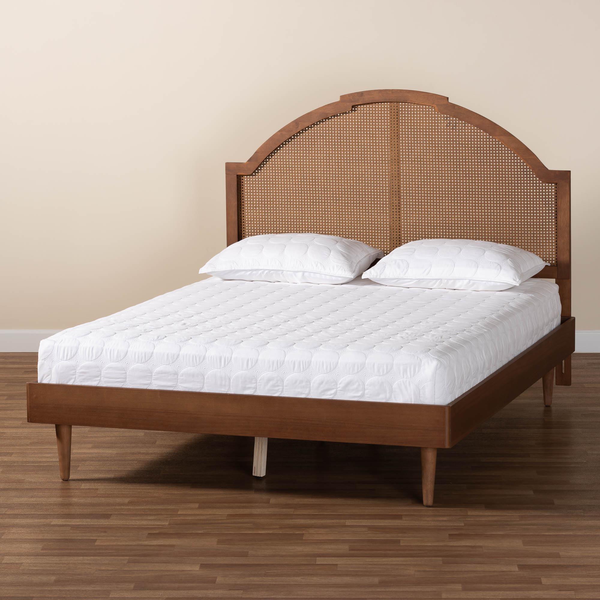 Mendel Mid-Century Wood and Rattan Platform Bed