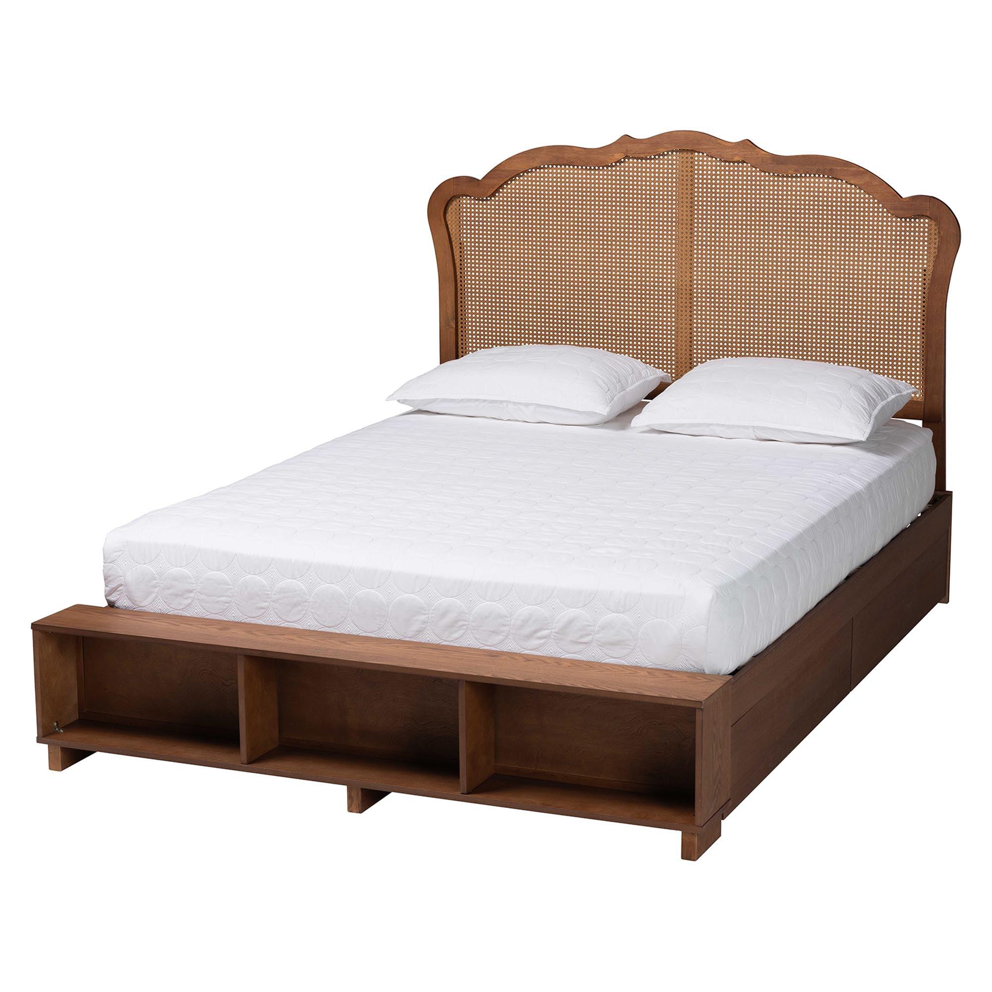 Latrell Mid-Century Wood and Rattan Storage Bed