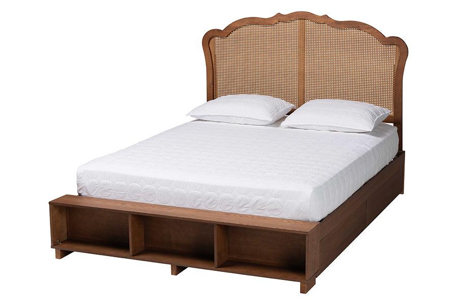 Latrell Mid-Century Wood and Rattan Storage Bed