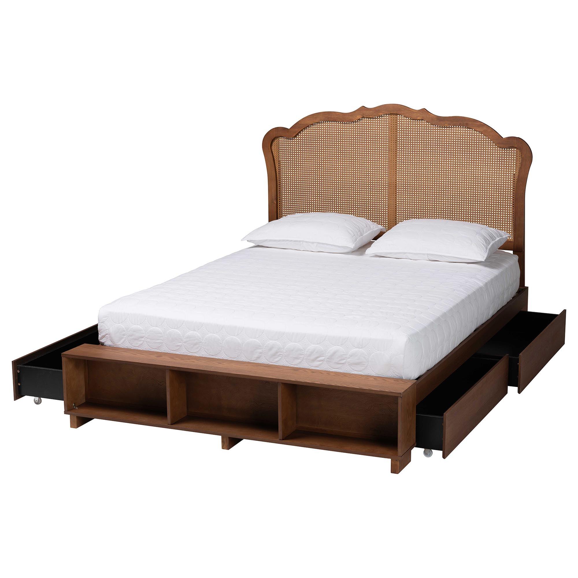 Latrell Mid-Century Wood and Rattan Storage Bed