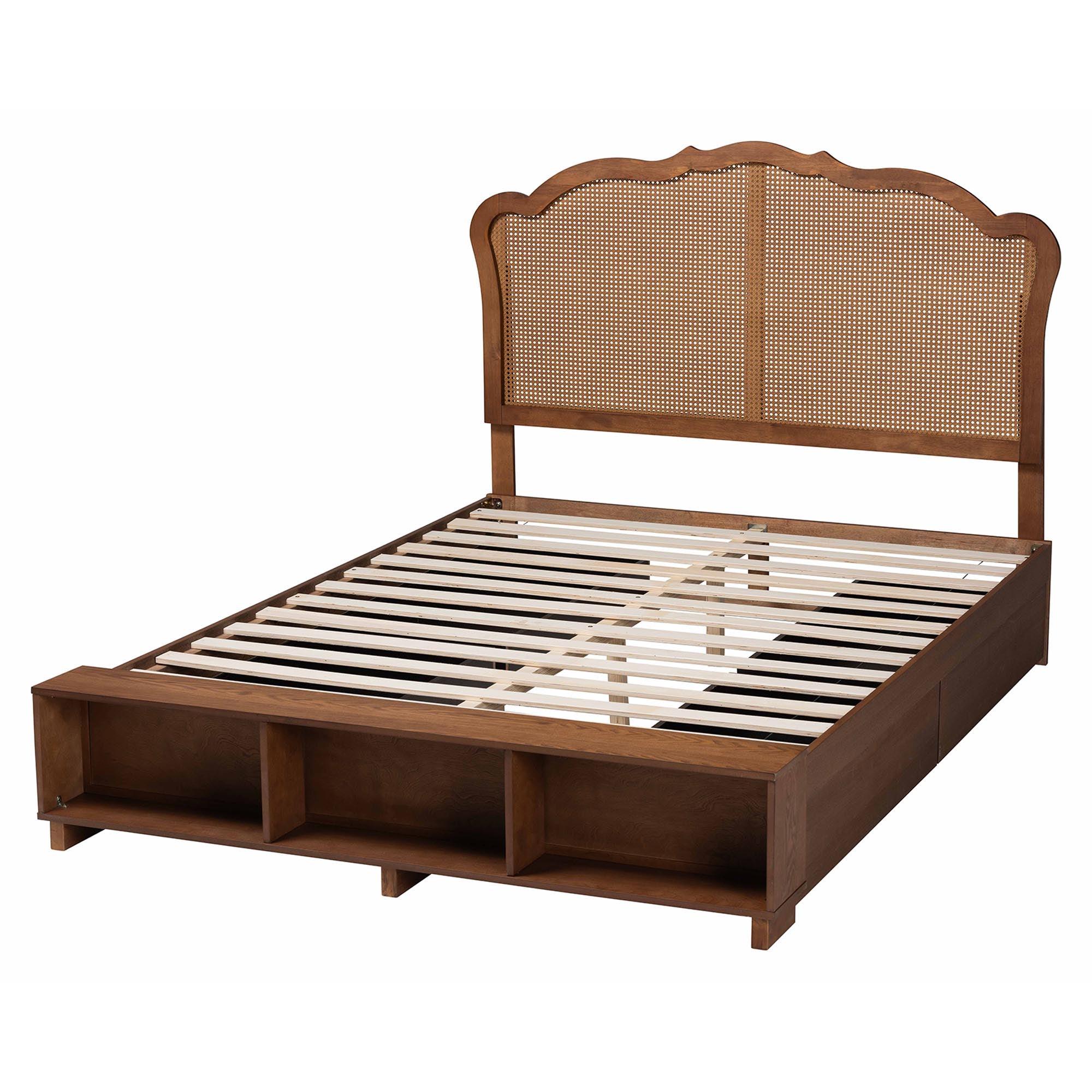 Latrell Mid-Century Wood and Rattan Storage Bed