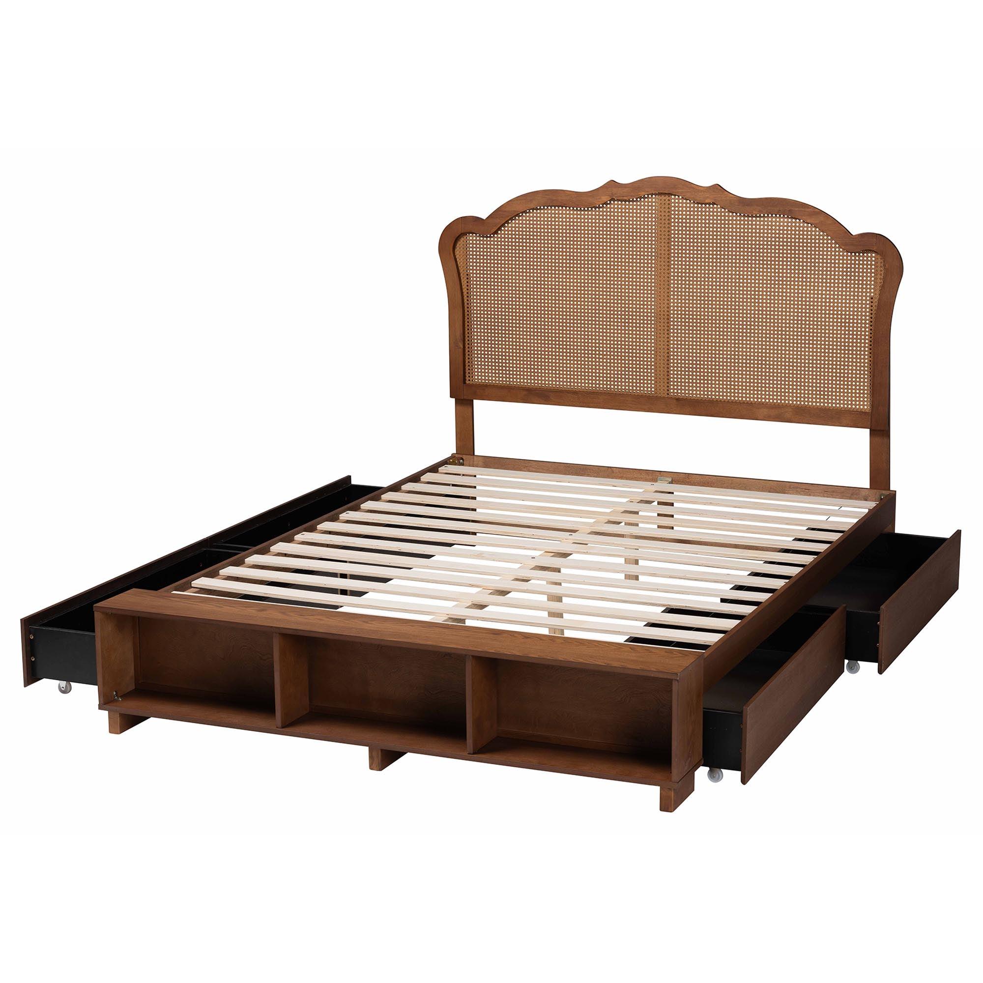 Latrell Mid-Century Wood and Rattan Storage Bed