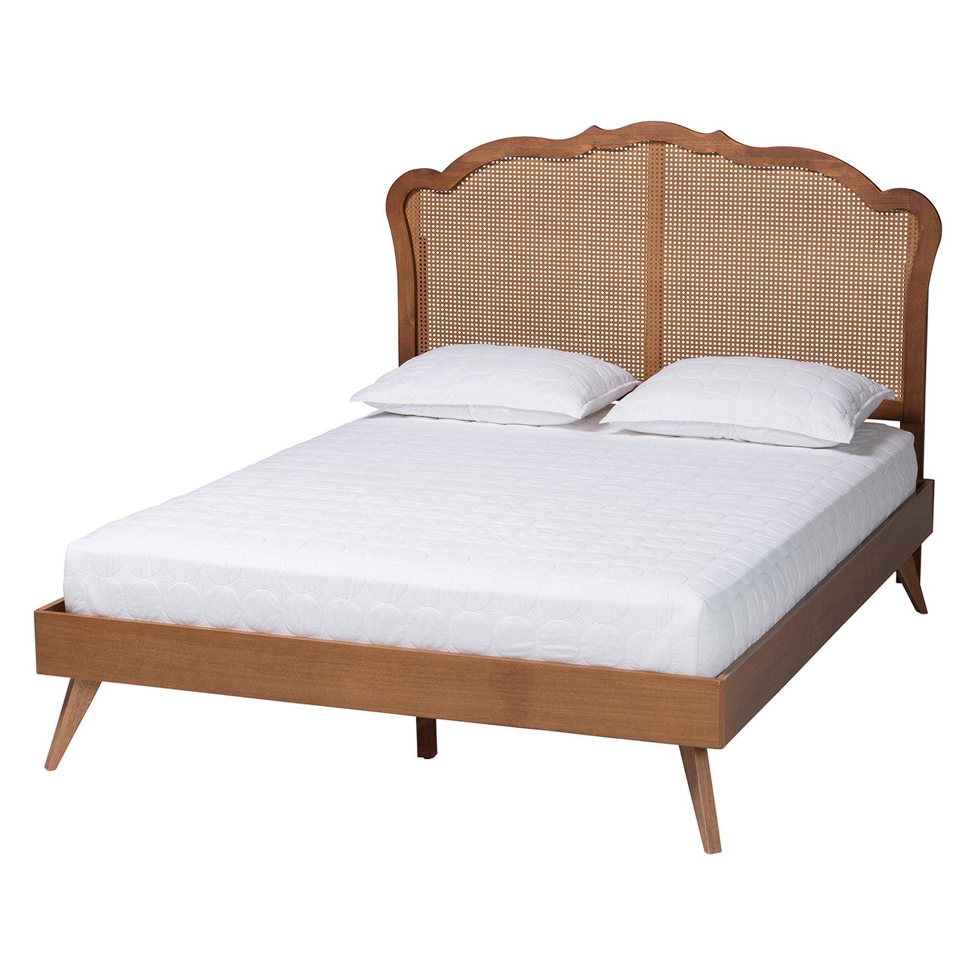 Aithan Mid-Century Wood and Rattan Platform Bed