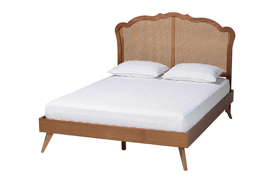 Aithan Mid-Century Wood and Rattan Platform Bed