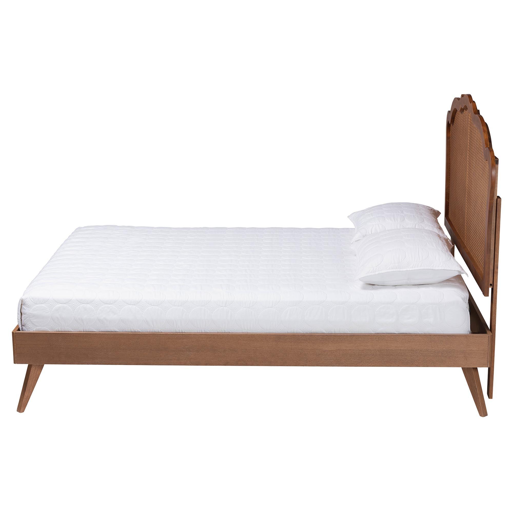 Aithan Mid-Century Wood and Rattan Platform Bed