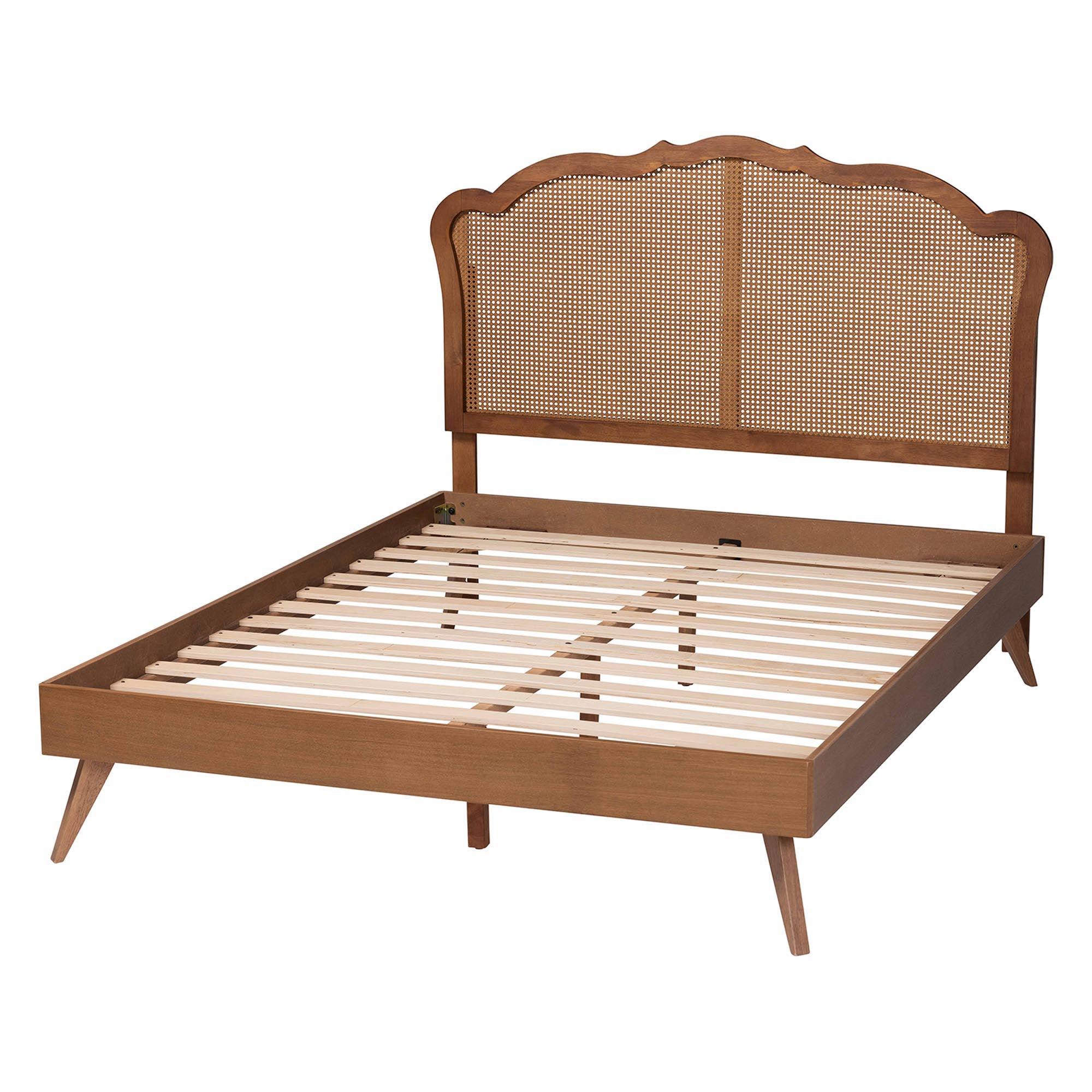 Aithan Mid-Century Wood and Rattan Platform Bed