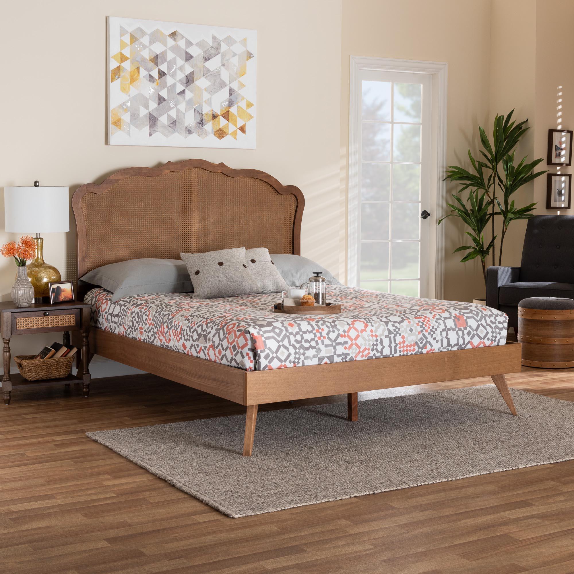 Aithan Mid-Century Wood and Rattan Platform Bed