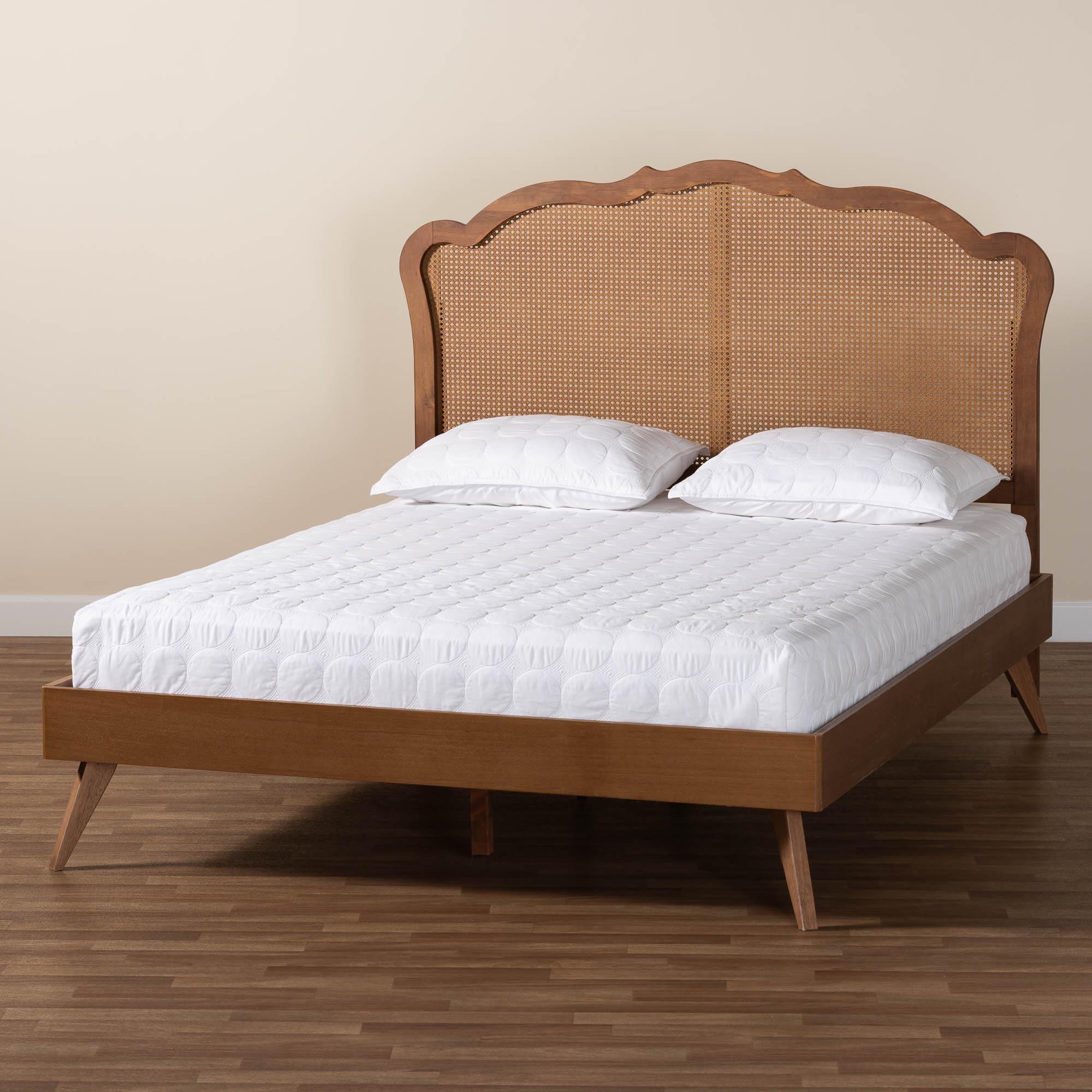 Aithan Mid-Century Wood and Rattan Platform Bed