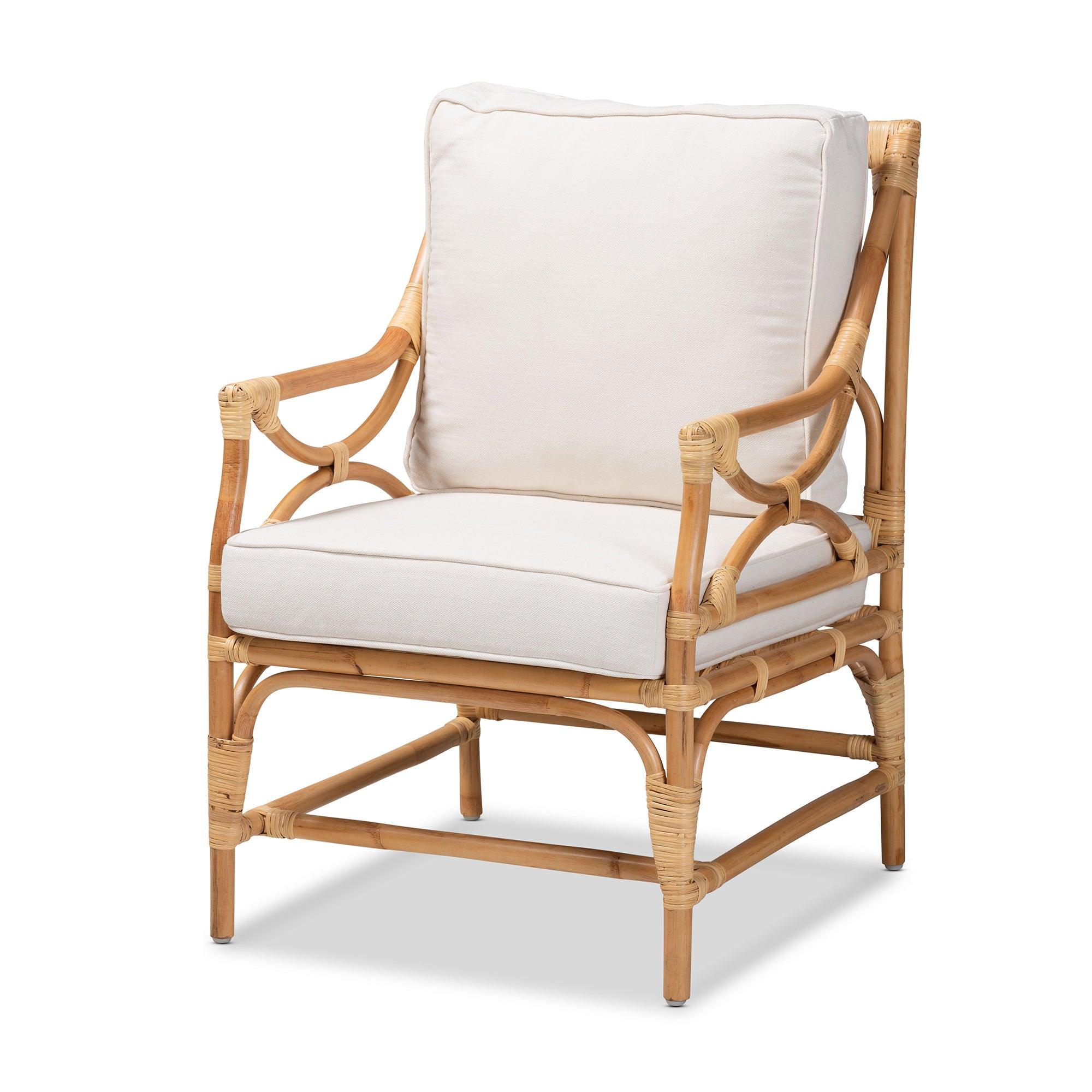 bali & pari Brandon Modern Bohemian Fabric Upholstered and Rattan Armchair