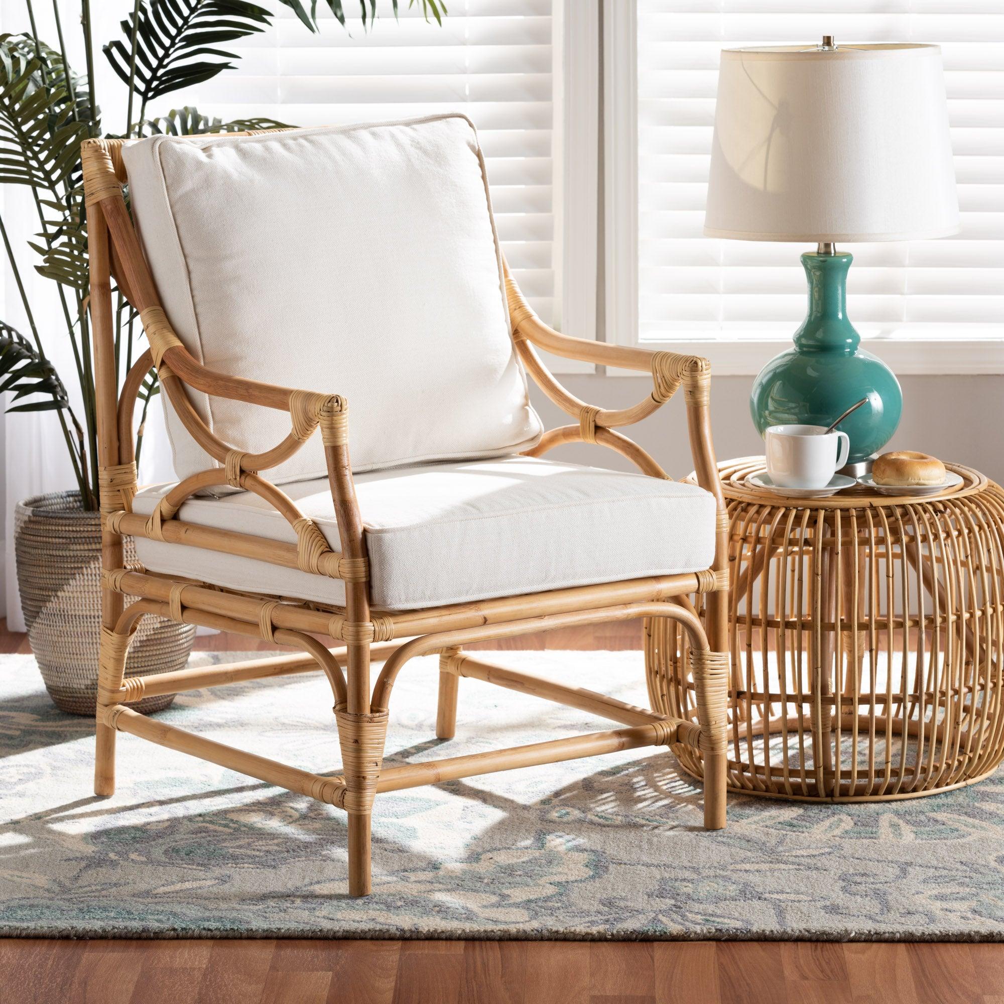 bali & pari Brandon Modern Bohemian Fabric Upholstered and Rattan Armchair