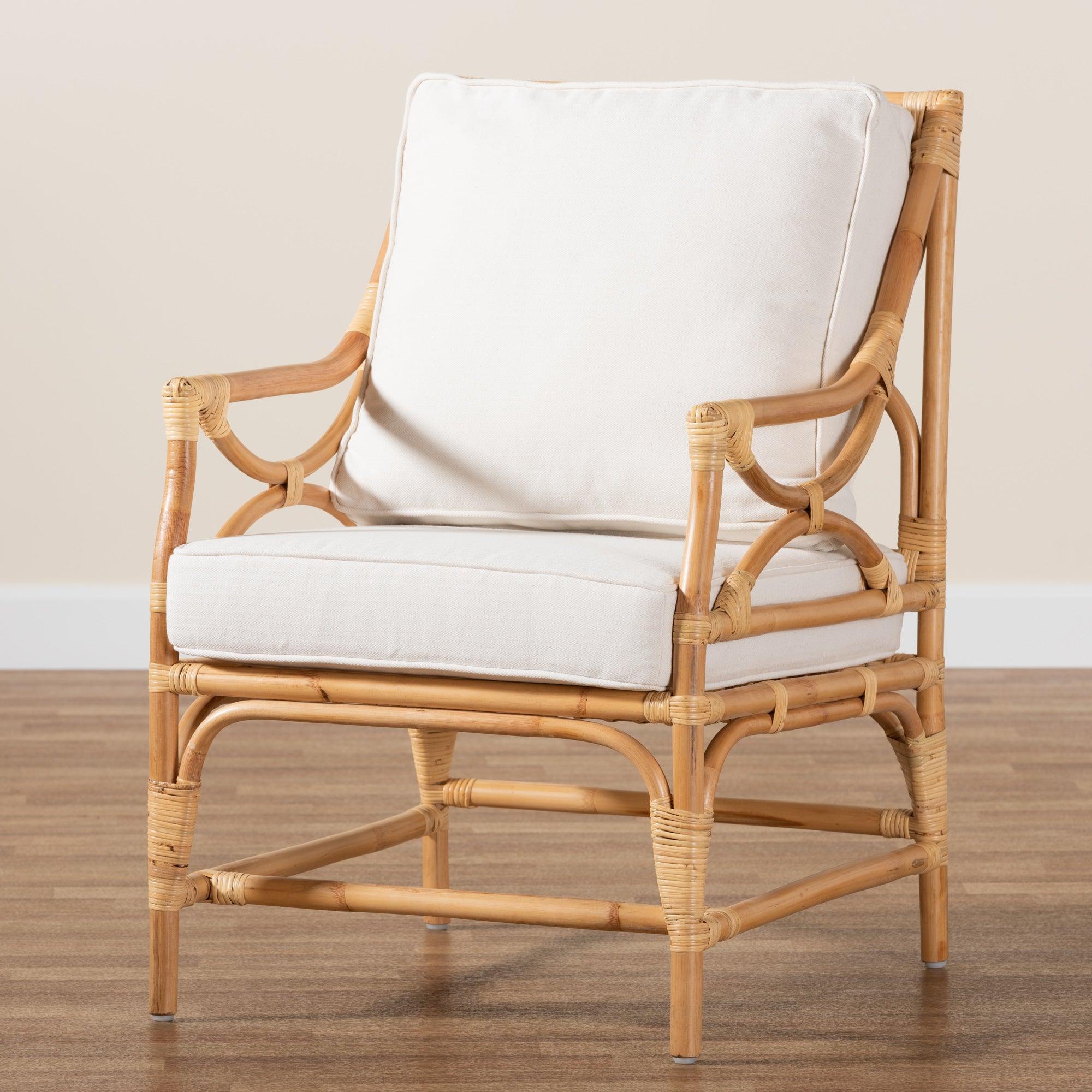 bali & pari Brandon Modern Bohemian Fabric Upholstered and Rattan Armchair