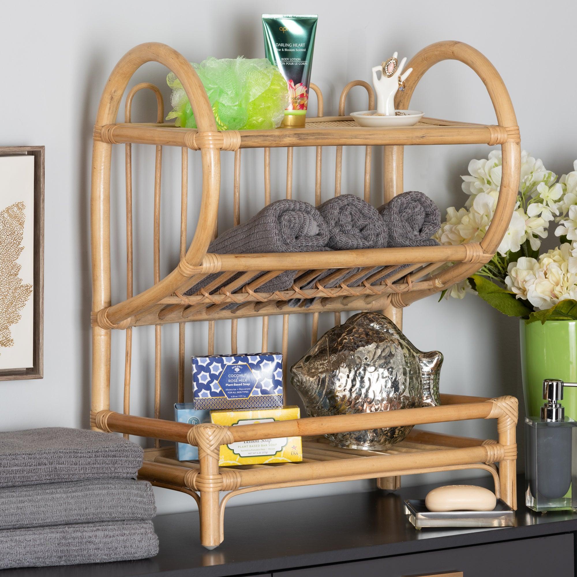 bali & pari Liora Modern Bohemian Finished Rattan 2-Tier Display Shelf