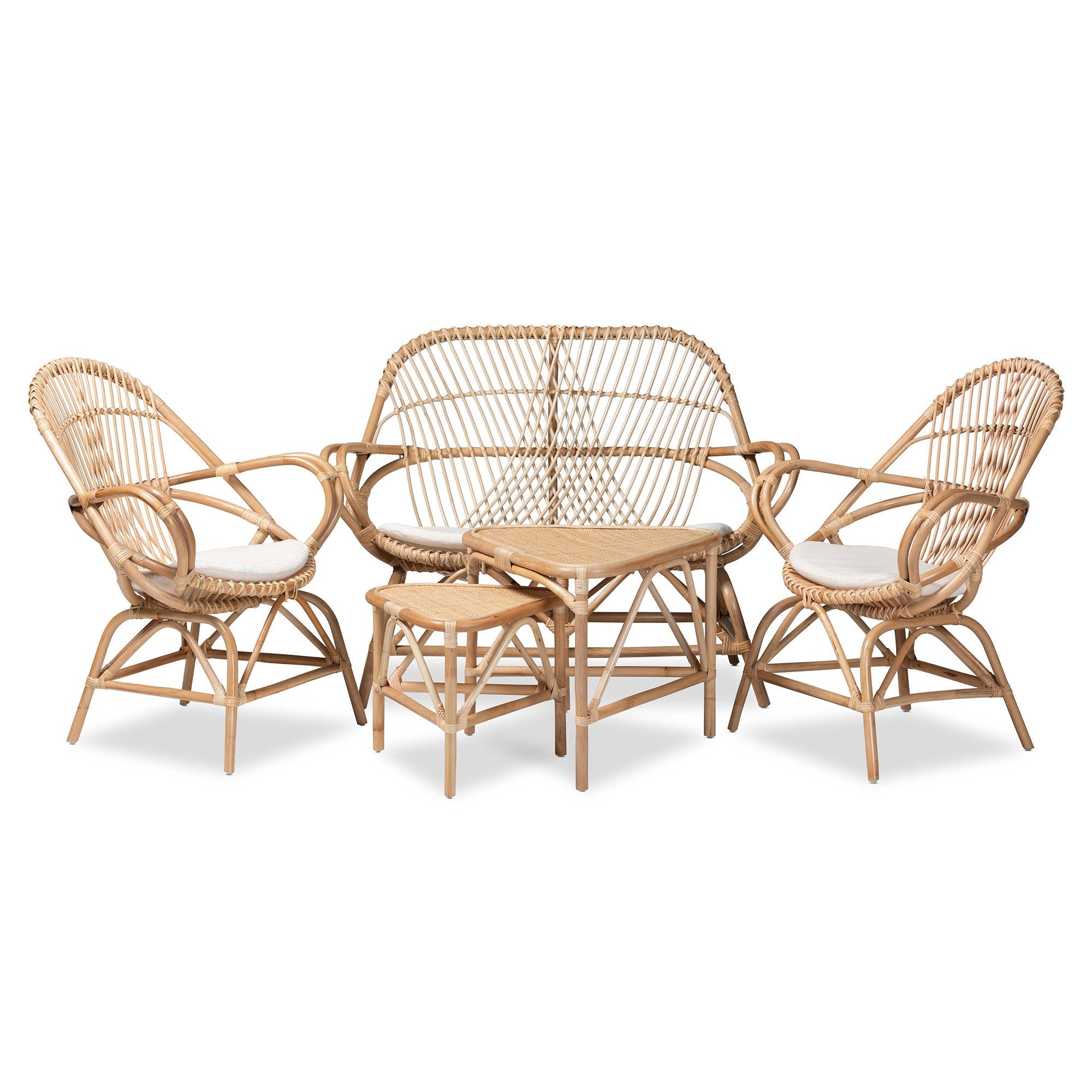 Jayden Modern Bohemian Fabric Upholstered and Finished Rattan 5-Piece Living Room Set